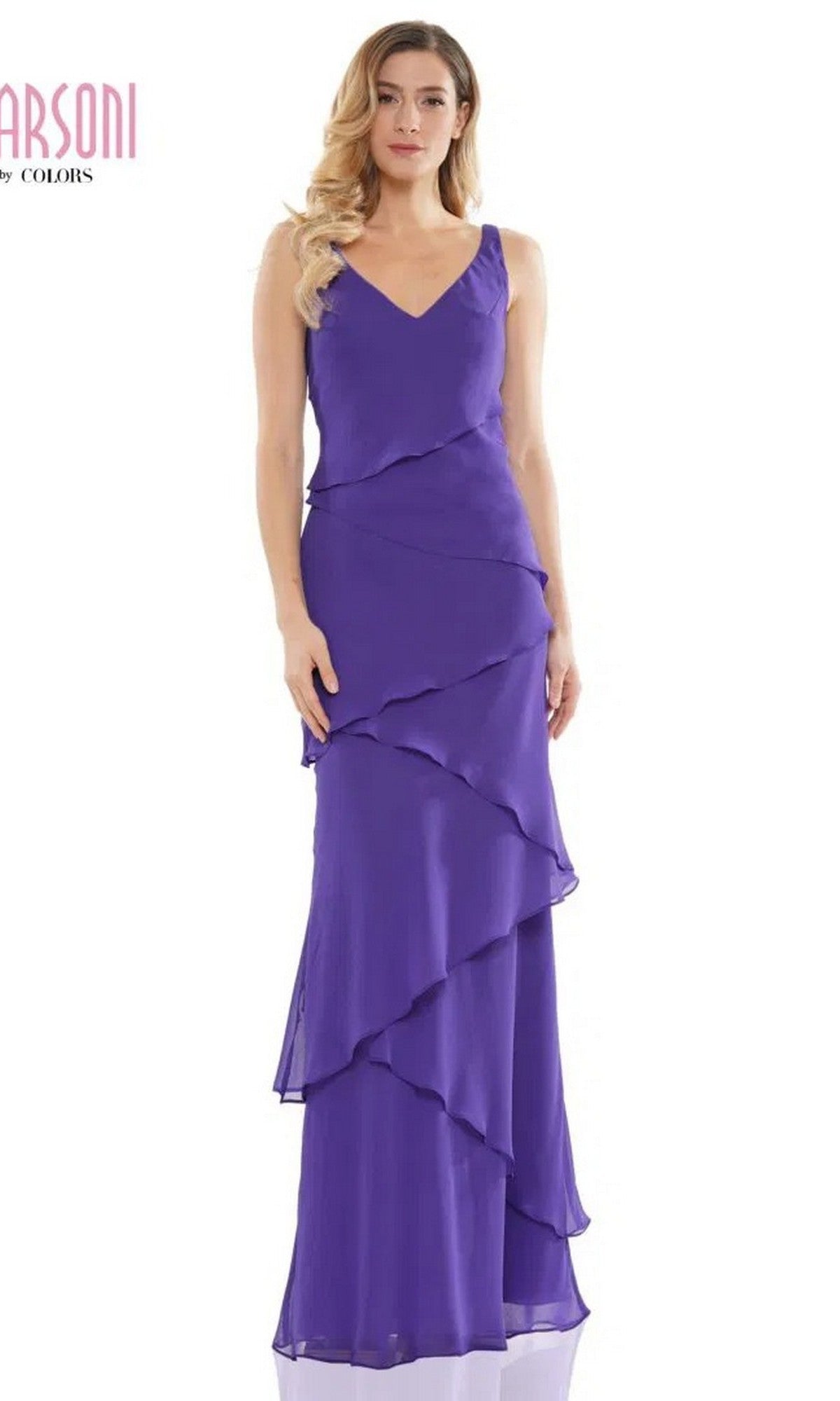 A woman wears the Marsoni M309, a sleeveless, floor-length purple chiffon gown with layered asymmetrical ruffles and a V-neckline—an elegant long formal dress ideal for mothers of the bride.