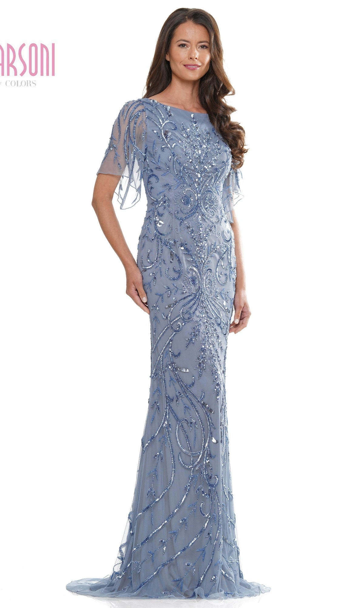 Marsoni MV1261 floor-length slate blue mother of the bride dress with short flutter sleeves and intricate silver scrollwork.