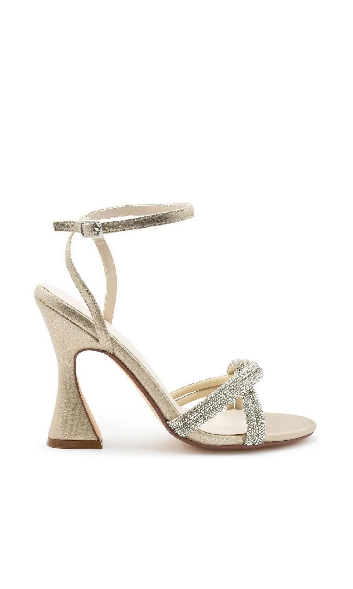 Miche Champagne Prom Shoes: Touch Ups 4732 champagne-colored high-heel sandals with an ankle strap and a rhinestone-embellished knotted toe strap.