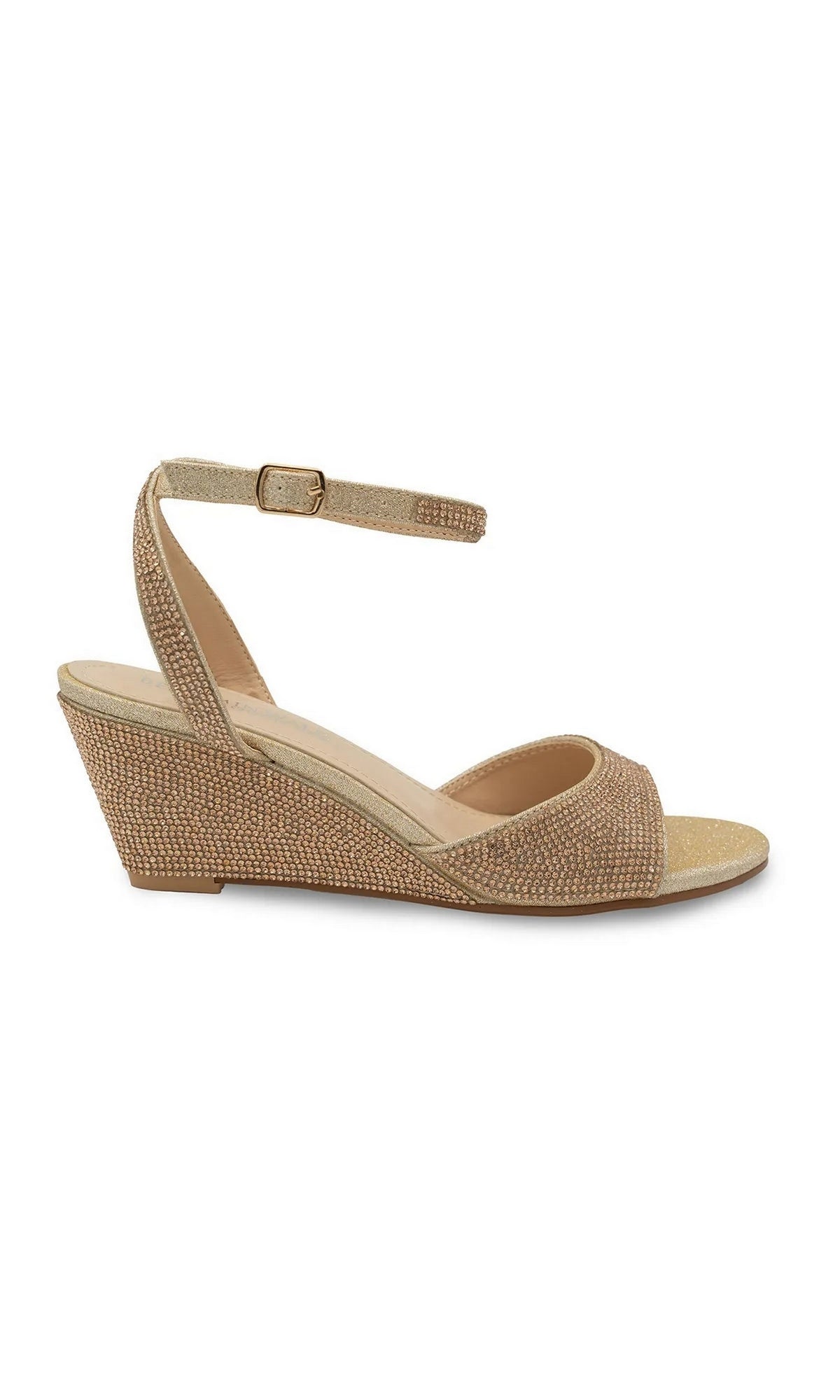 Moxie Champagne Wedge Prom Shoes: Touch Ups 4692, featuring gold glitter, an ankle strap, and rhinestone embellishments on the heel and toe band.