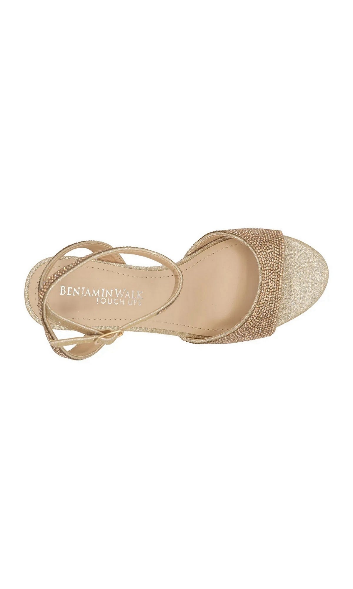 Moxie Champagne Wedge Prom Shoes: Touch Ups 4692 in a champagne-colored wedge style with an ankle strap and a rhinestone-encrusted toe band.