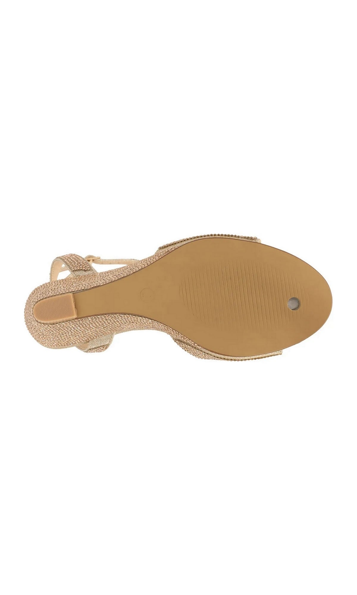 Bottom view of a shimmering champagne gold glitter Moxie Champagne Wedge Prom Shoes: Touch Ups 4692 wedge sandal.