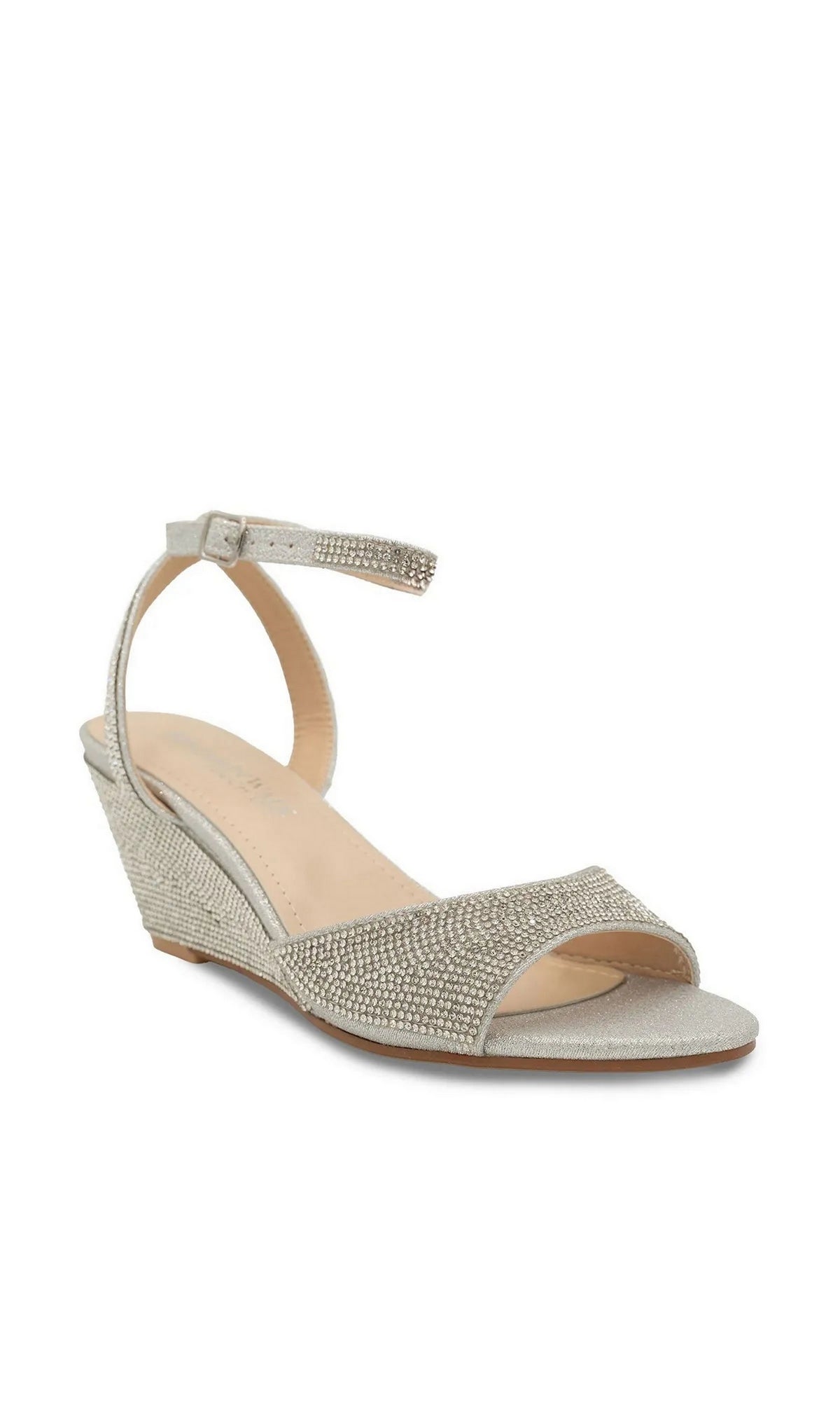 Moxie Silver Wedge Prom Shoes: Touch Ups 4691 are silver wedge sandals featuring a rhinestone-embellished strap and an adjustable ankle strap.