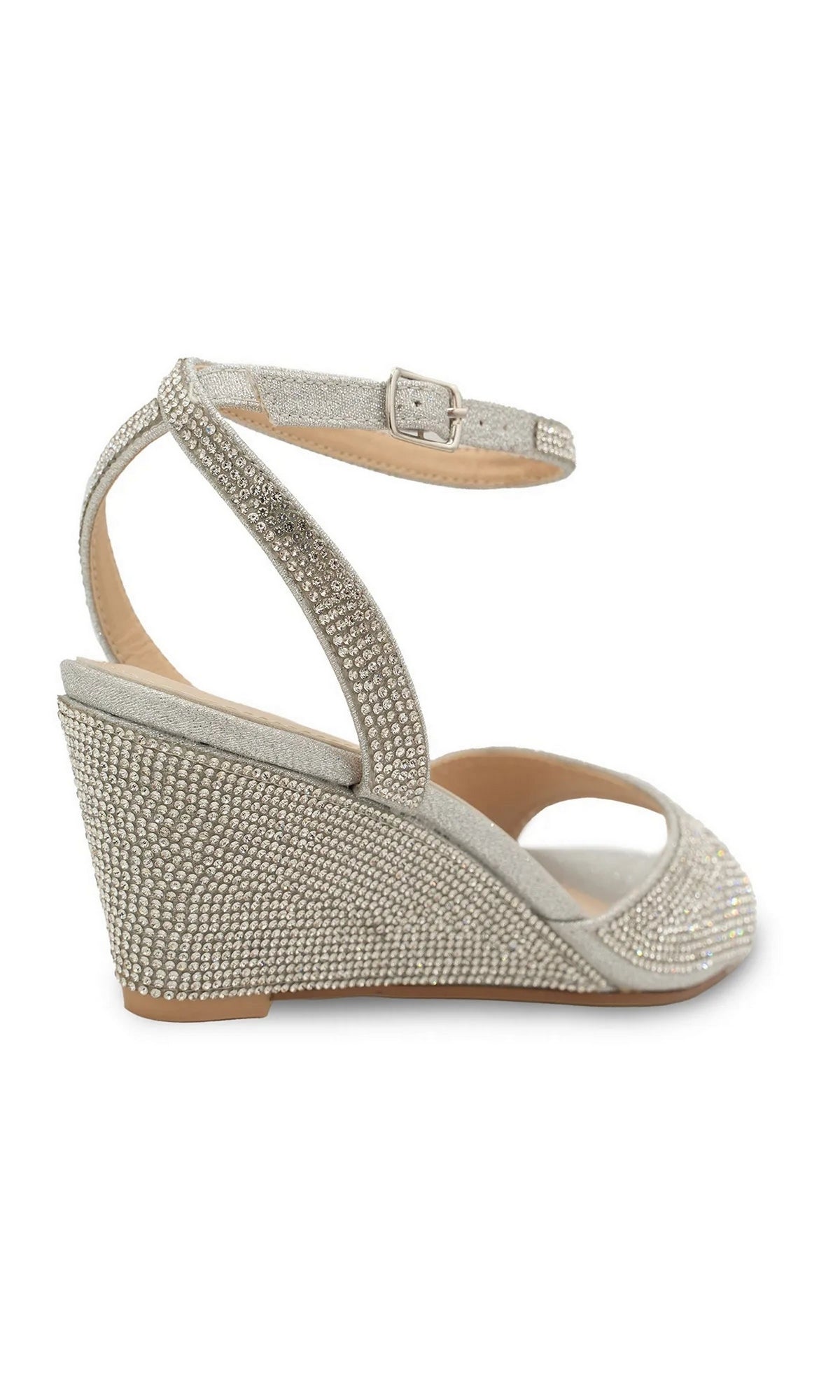 Moxie Silver Wedge Prom Shoes: Touch Ups 4691 are silver glitter wedge heels with rhinestone embellishments and an ankle strap.