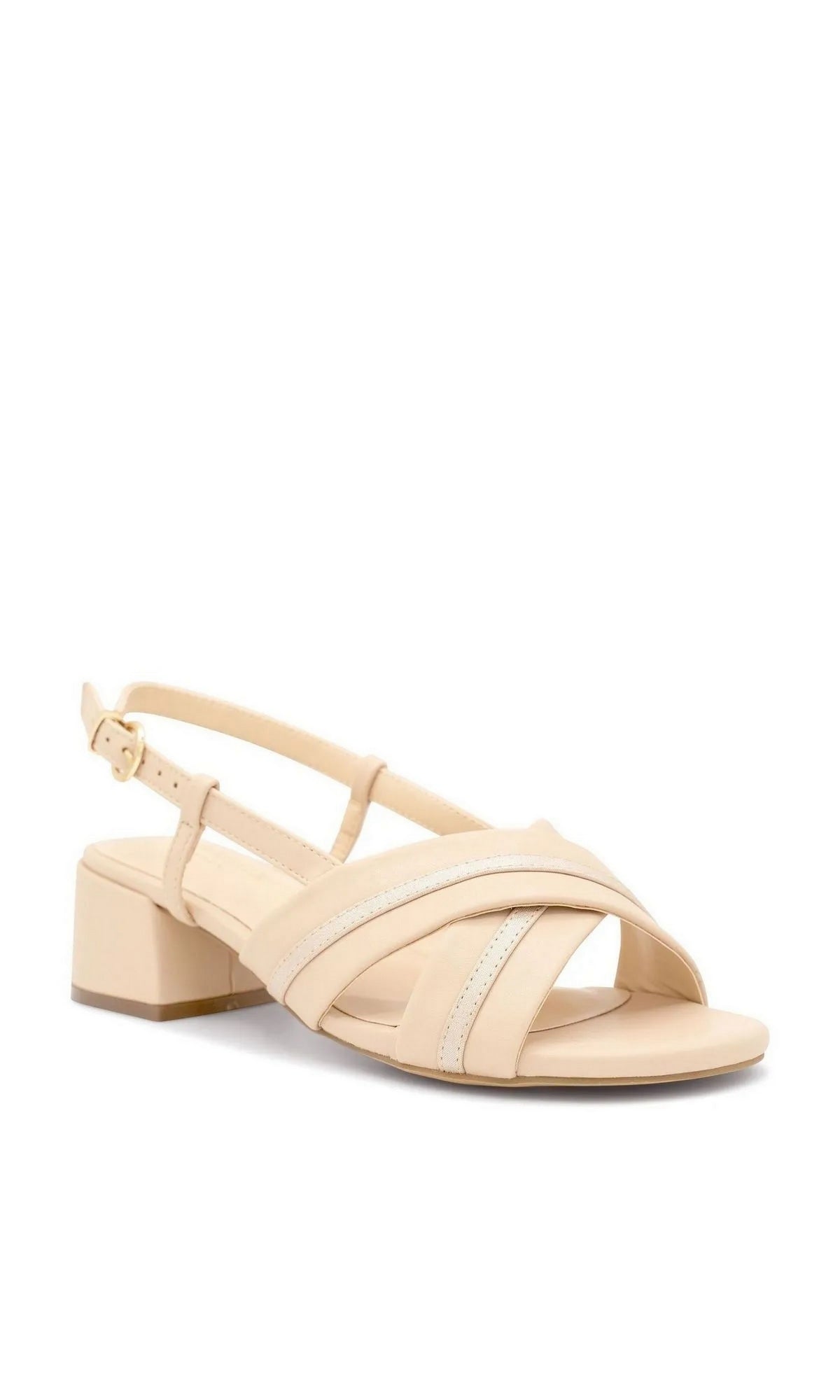 Nancy Nude Prom Shoes: Paradox London P2502 nude shimmer slingback sandal with a low block heel and crisscross straps across the toe.