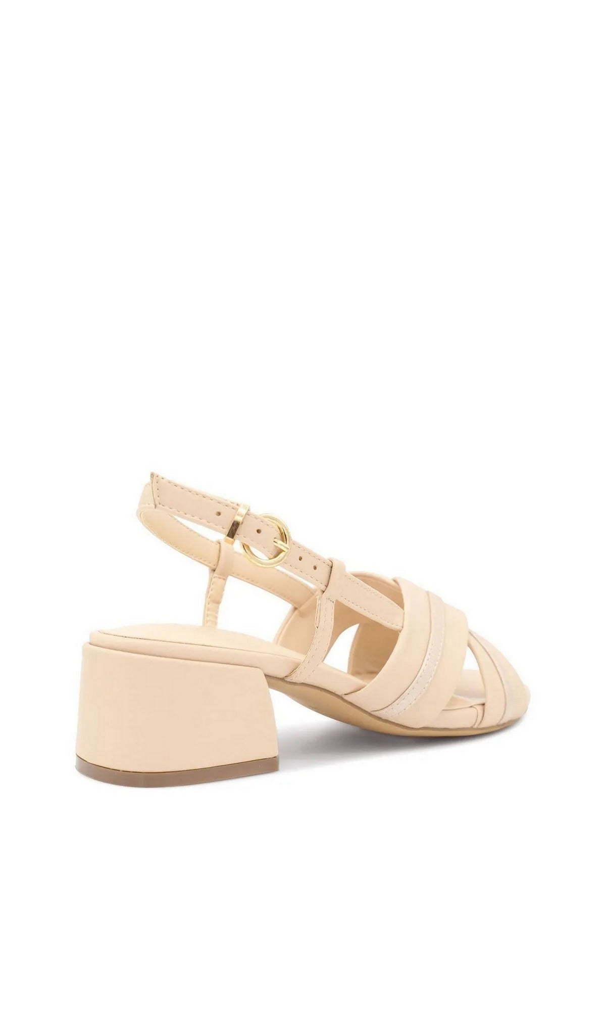 Nancy Nude Prom Shoes: Paradox London P2502 nude shimmer low-heeled slingback sandals with a buckled ankle strap and crisscross front straps.