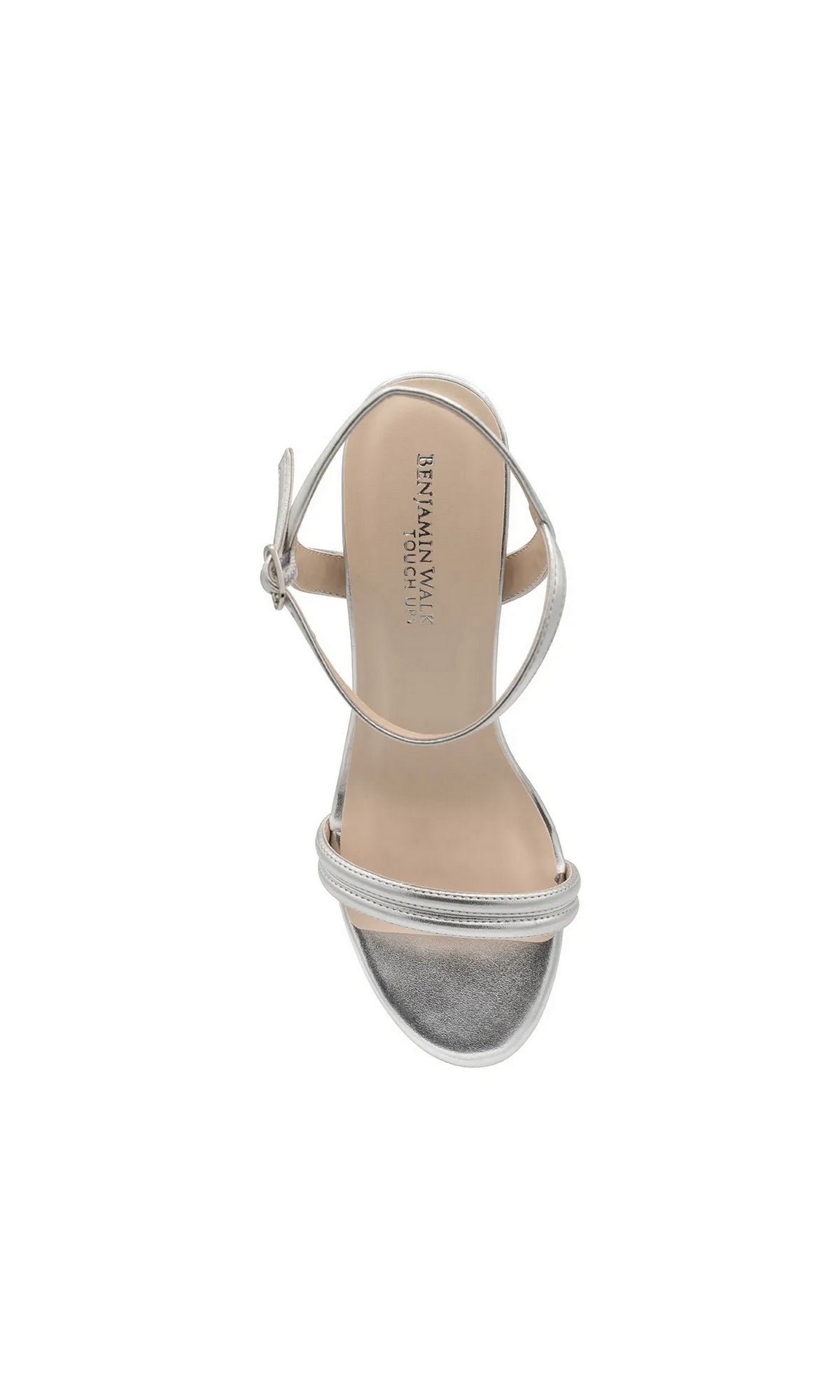 Natalia Silver Platform Prom Shoes: Touch Ups 4707, a pair of silver strappy block heels with an ankle strap and buckle closure, viewed from above.