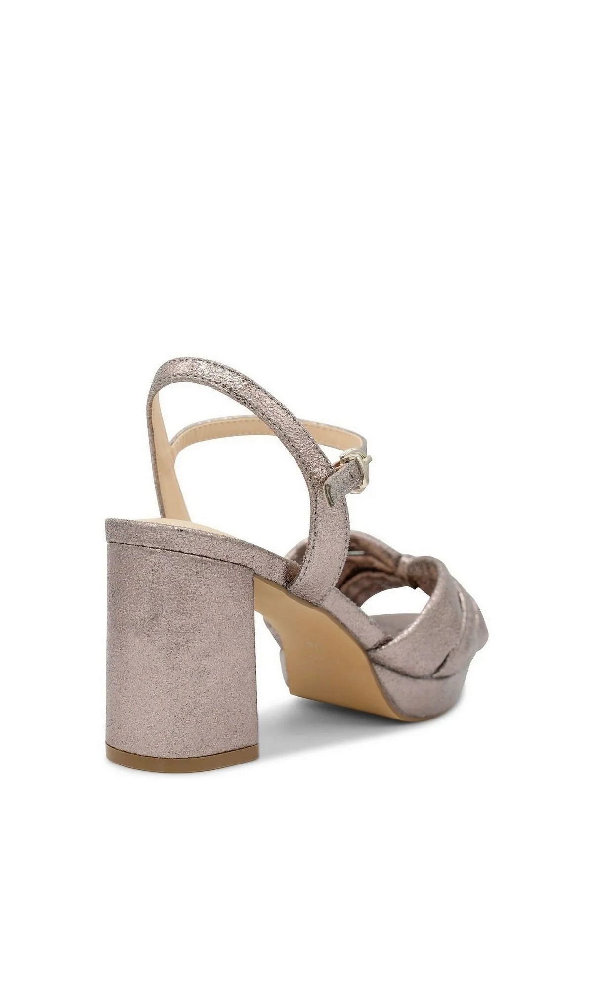 Nerita Pewter Prom Shoes: Paradox London P2506 metallic pewter block-heel sandals featuring an ankle strap and a knotted toe band.