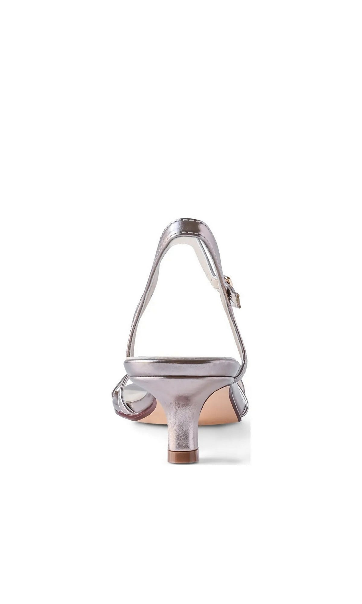Back view of metallic silver Ocean Champagne Prom Shoes: Touch Ups 4787, a kitten heel slingback with a buckle strap.