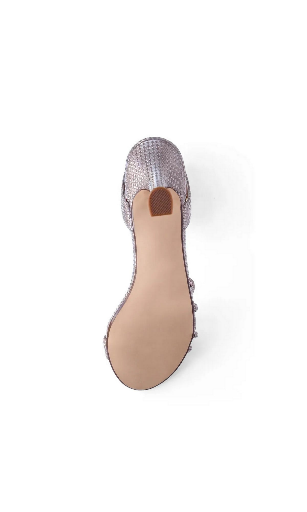 The Olive Champagne Prom Shoes: Touch Ups 4789 viewed from directly below, showing a smooth tan sole and a textured metallic heel.
