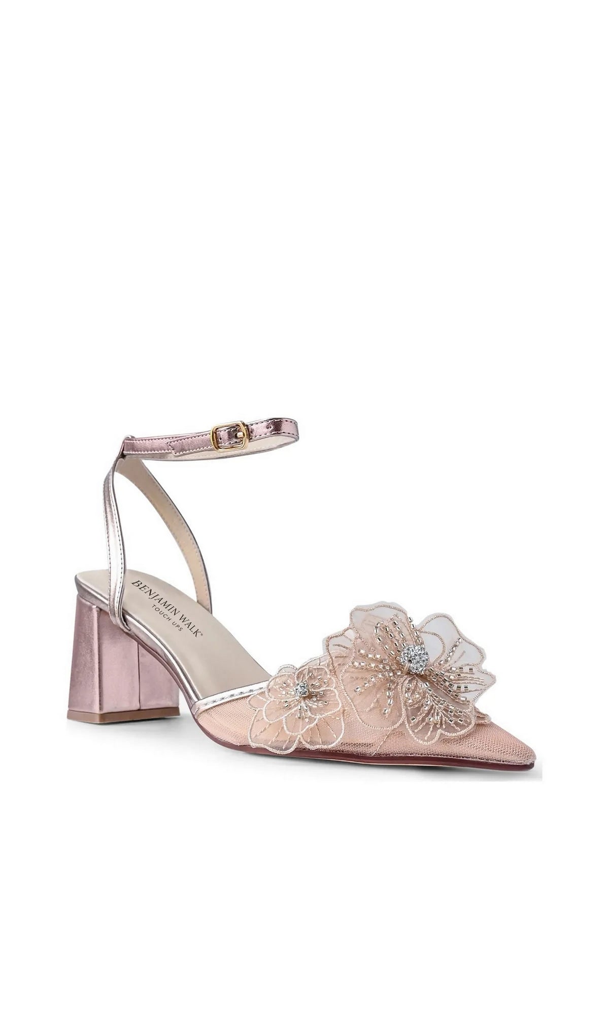 Opal Champagne Prom Shoes: Touch Ups 4785 in champagne, featuring a closed toe, block heel, ankle strap, and floral embellishments.