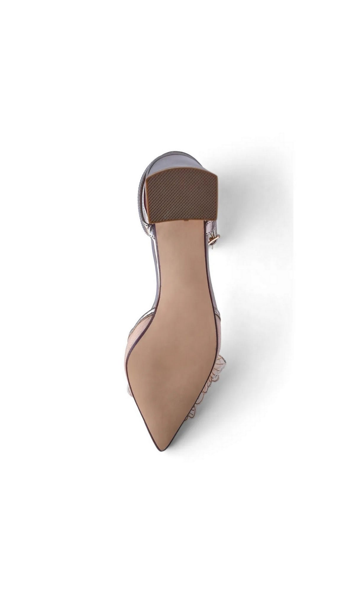 Underside view of an Opal Champagne Prom Shoes: Touch Ups 4785 champagne pointed-toe block heel shoe.