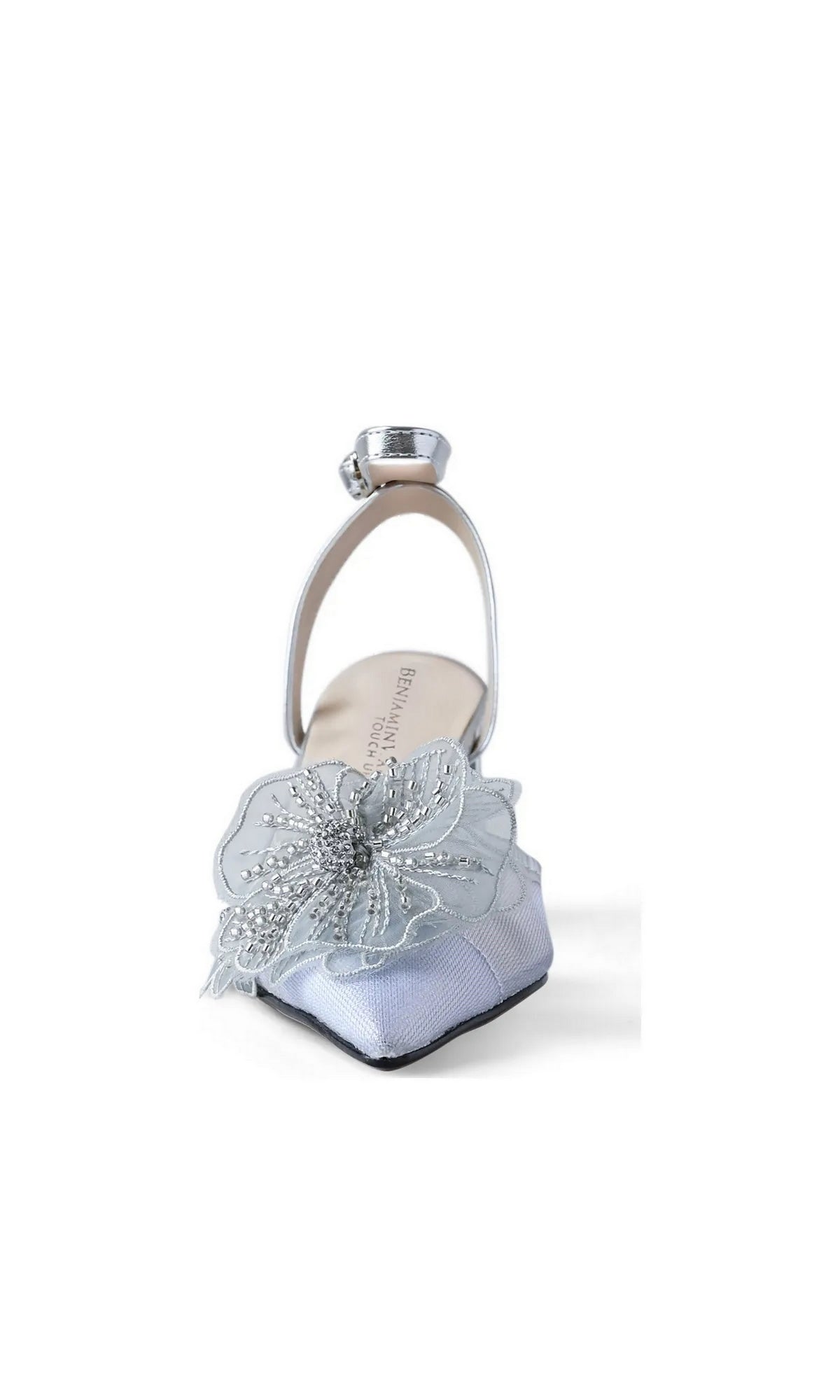 Opal Silver Block Heel Prom Shoes: Touch Ups 4786, featuring a silver block-heel slingback design with a pointed toe and a decorative beaded floral appliqué.