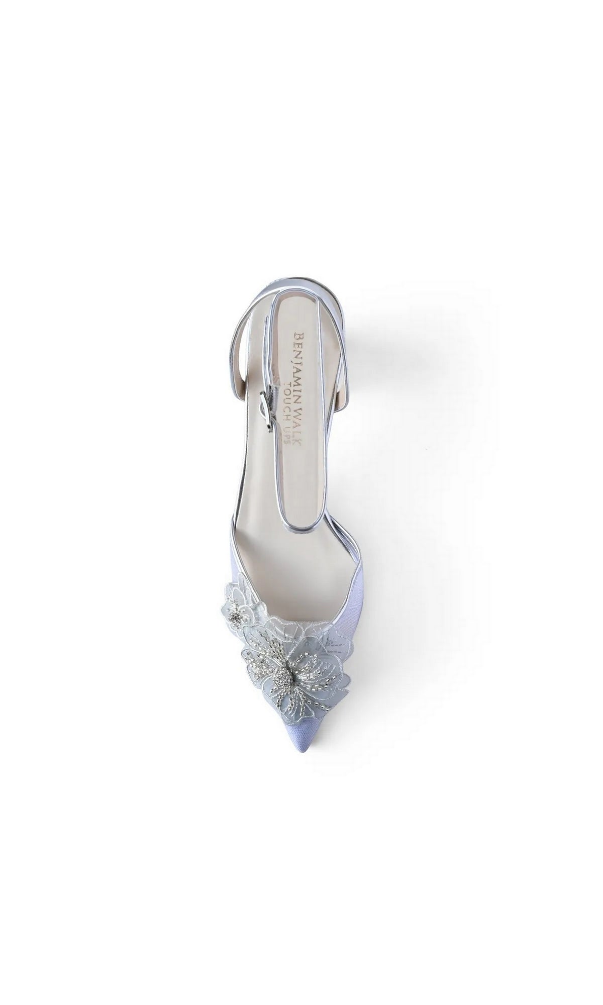 Opal Silver Block Heel Prom Shoes: Touch Ups 4786 featuring a pointed toe, ankle strap, and embellished floral detail.