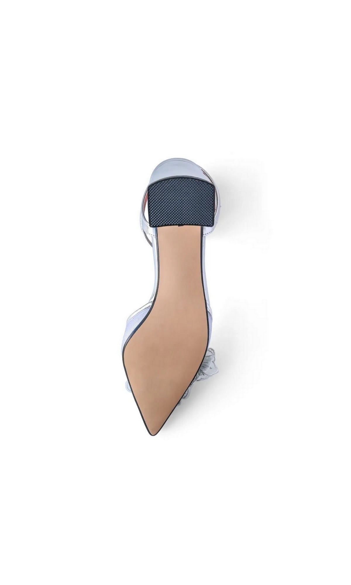 Bottom view of silver Opal Silver Block Heel Prom Shoes: Touch Ups 4786 with a pointed toe.