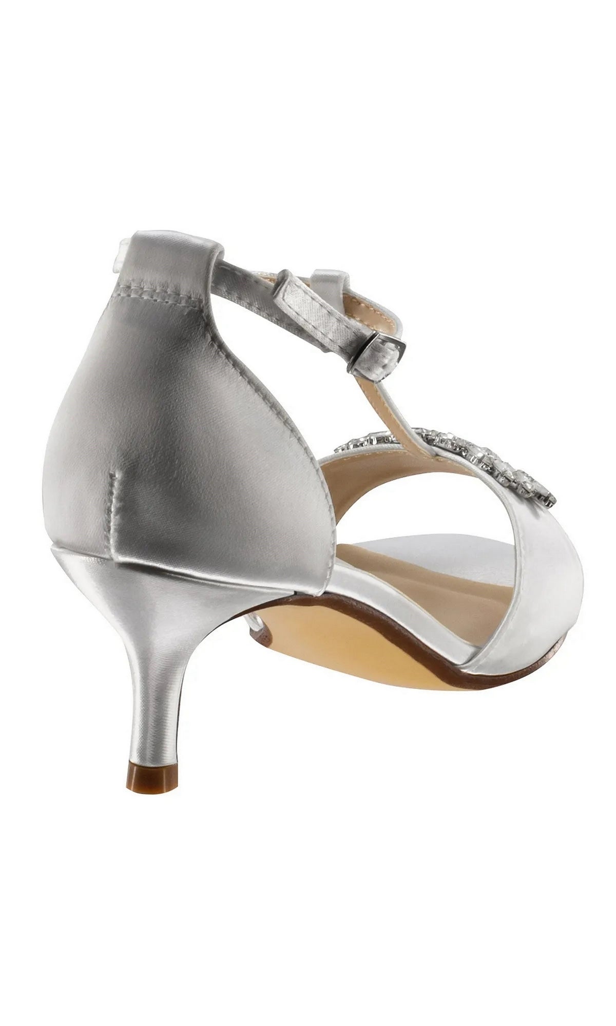 Ophelia White Prom Shoes: Dyeables 4468 white satin kitten-heel sandals with an ankle strap and a decorative rhinestone embellishment on the toe.