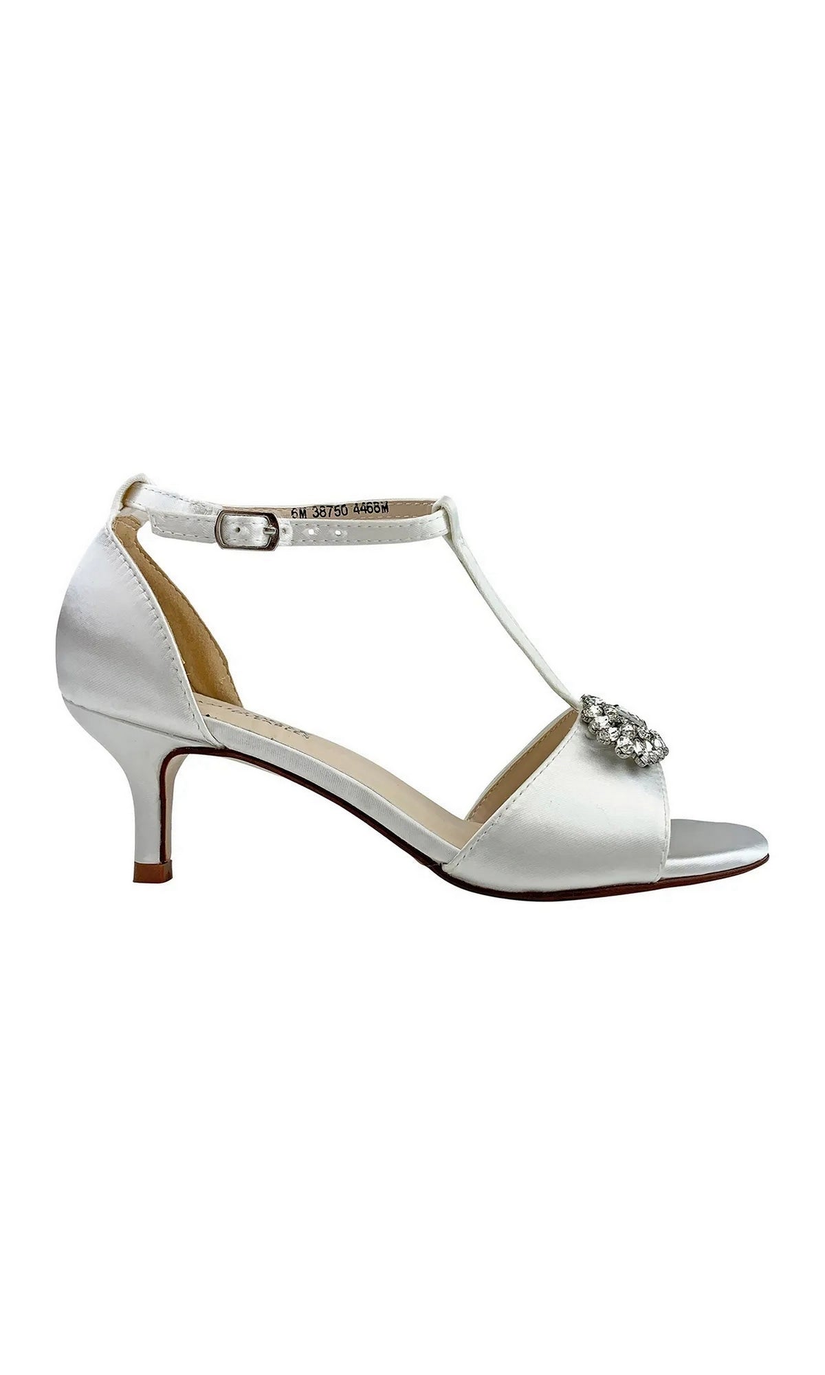 Ophelia White Prom Shoes: Dyeables 4468 white satin T-strap kitten heel sandals with an embellished toe detail and an adjustable ankle strap.