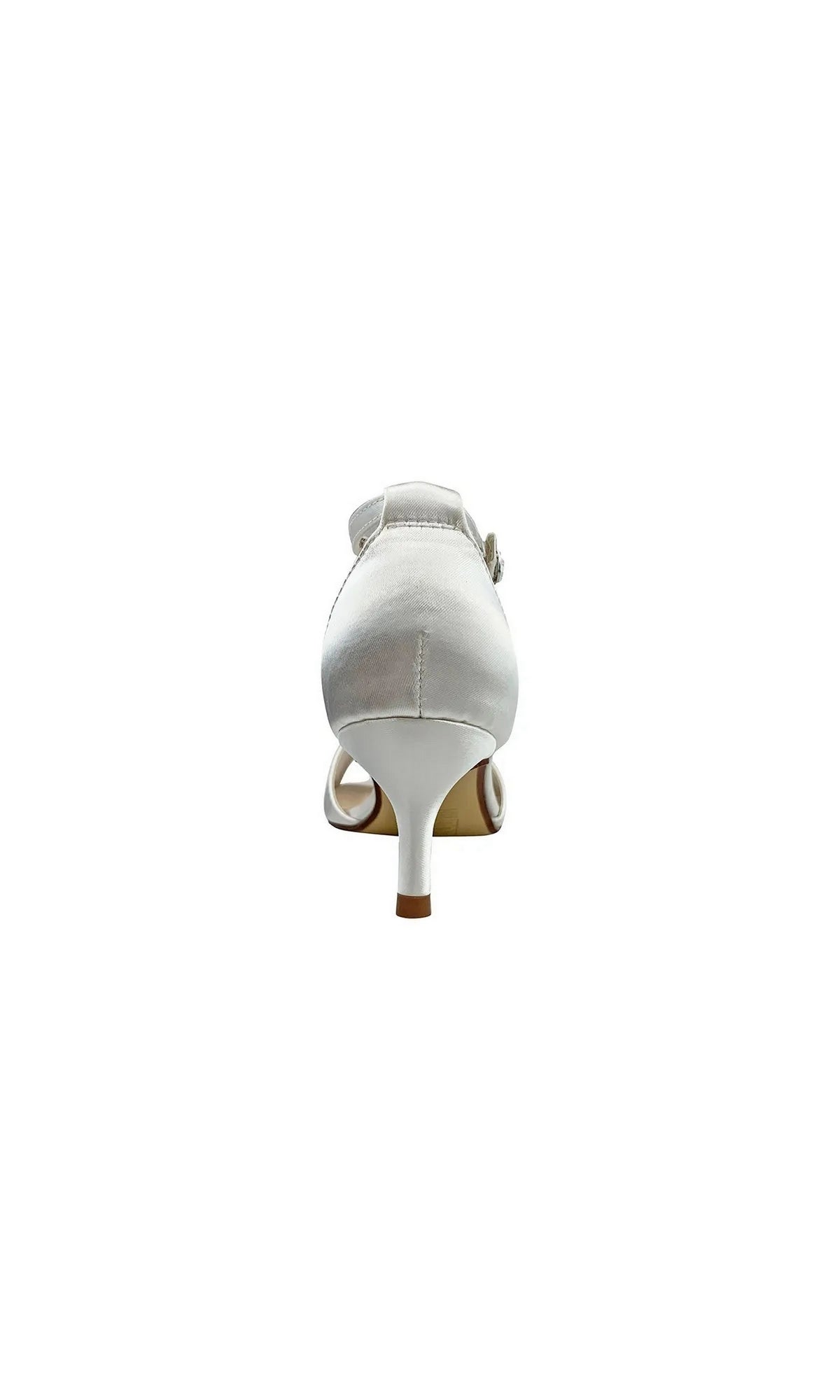 Back view of a white satin kitten heel sandal with an ankle strap, Ophelia White Prom Shoes: Dyeables 4468.