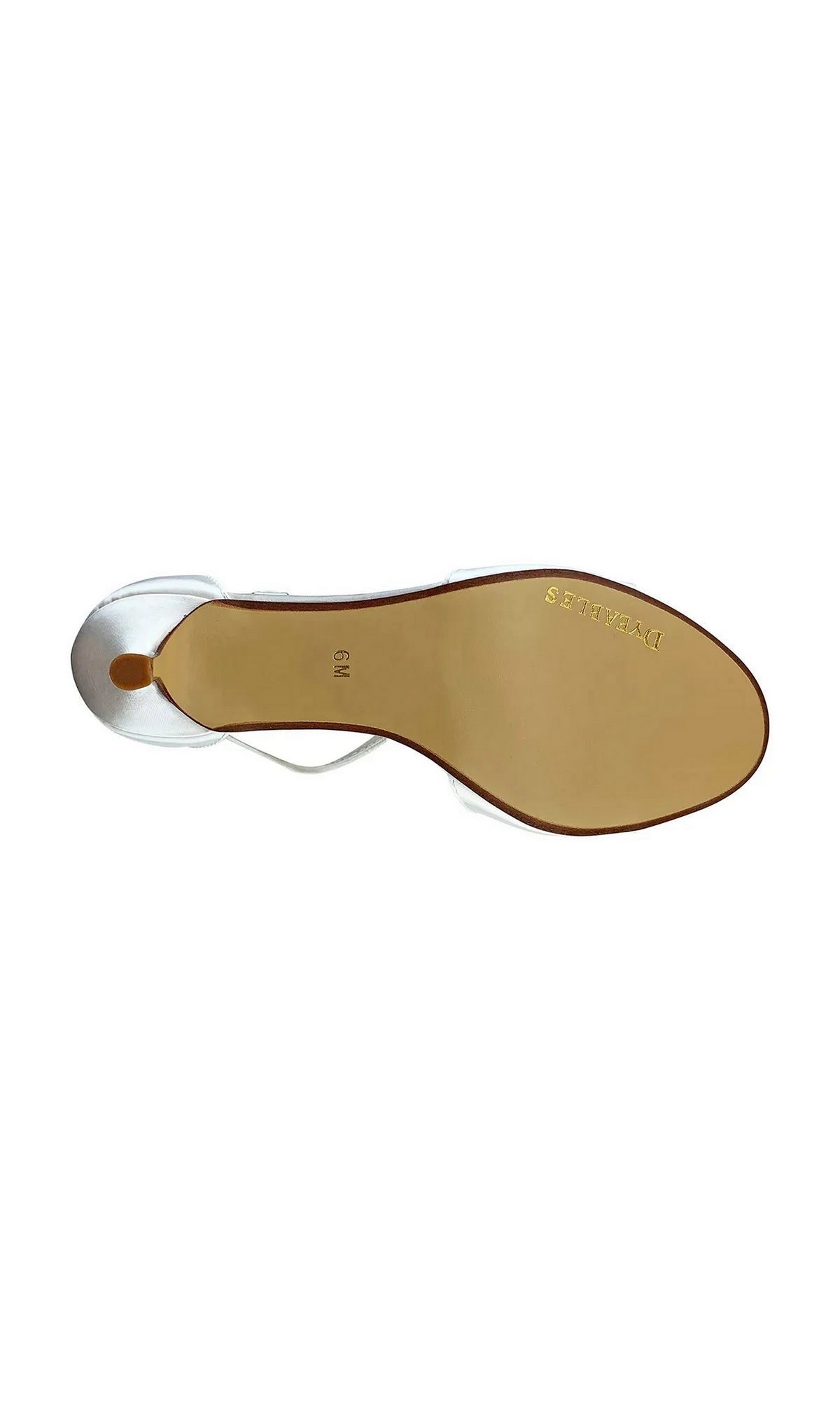 Bottom view of a silver Ophelia White Prom Shoes: Dyeables 4468 kitten heel sandal, showing the tan sole with size 6M and brand text.