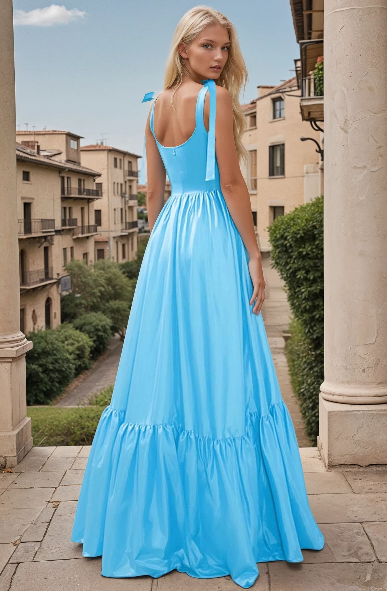 A woman in the PromGirl Exclusive Prom Dress with Shoulder Bows stands on a stone terrace, looking back over her shoulder with buildings and greenery behind her.