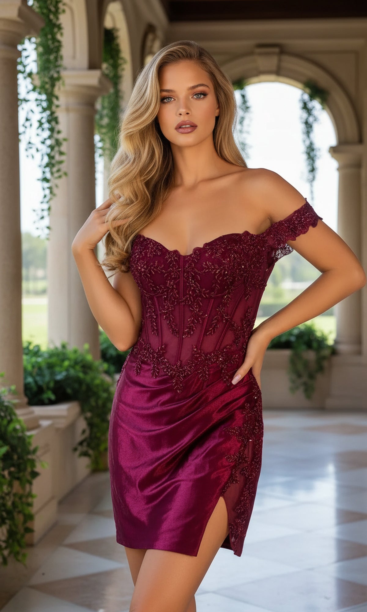 A woman in the PromGirl Burgundy Red Homecoming Dress PD122S-B stands in a marble-columned hallway, lush greenery in the background.