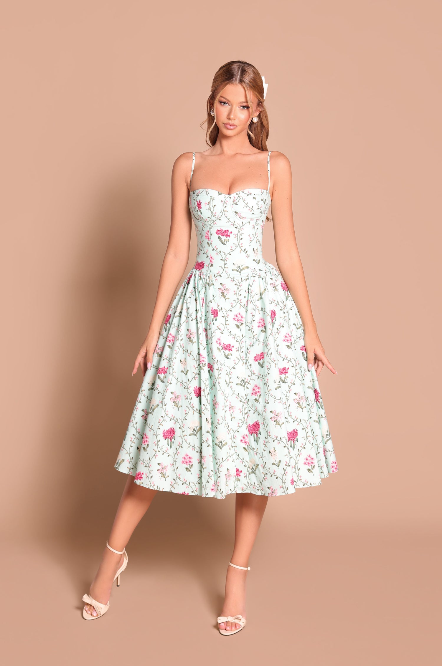 Mint green floral corset midi dress with spaghetti straps