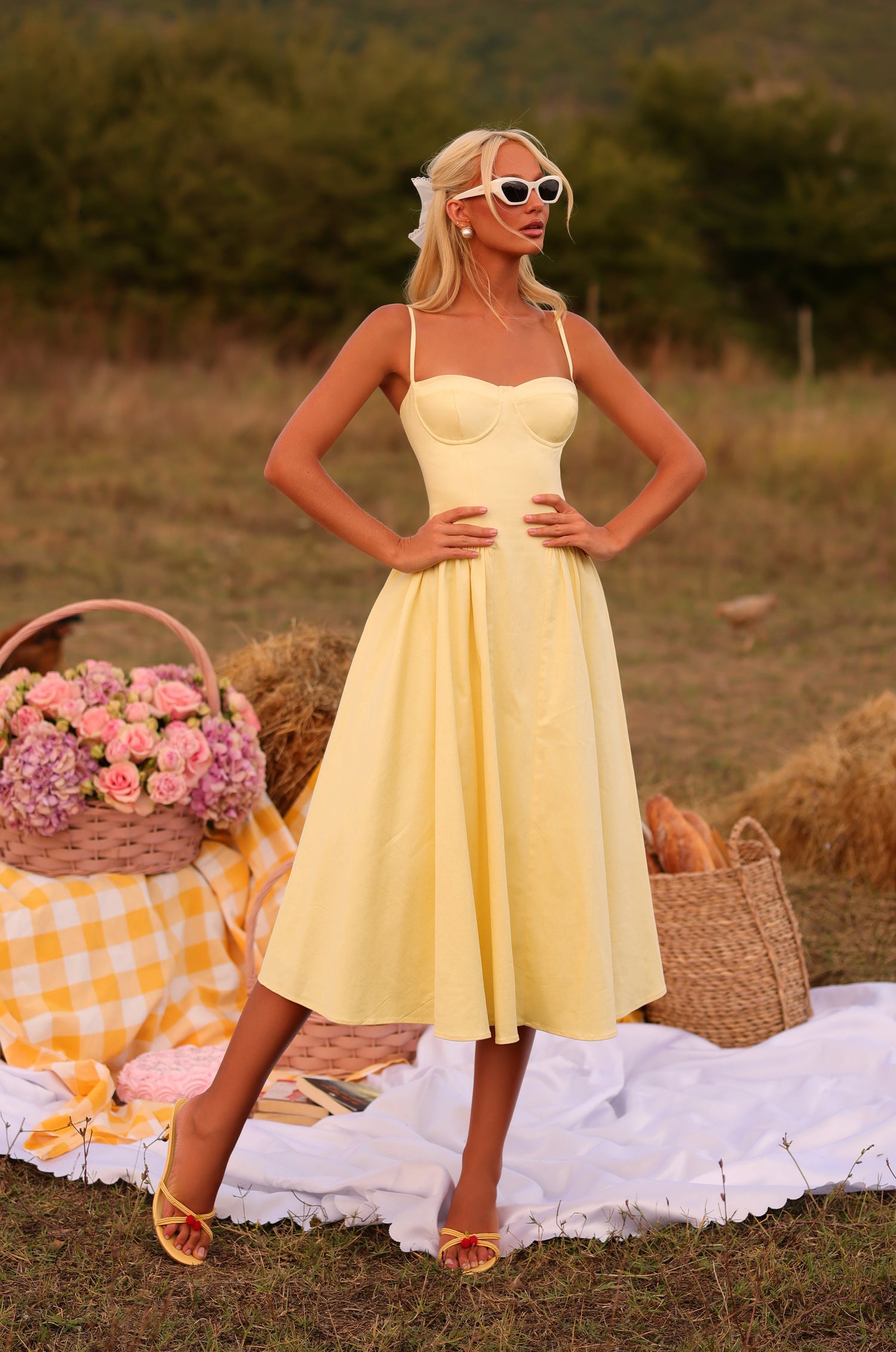 Buttercream yellow corset midi dress with sweetheart neckline