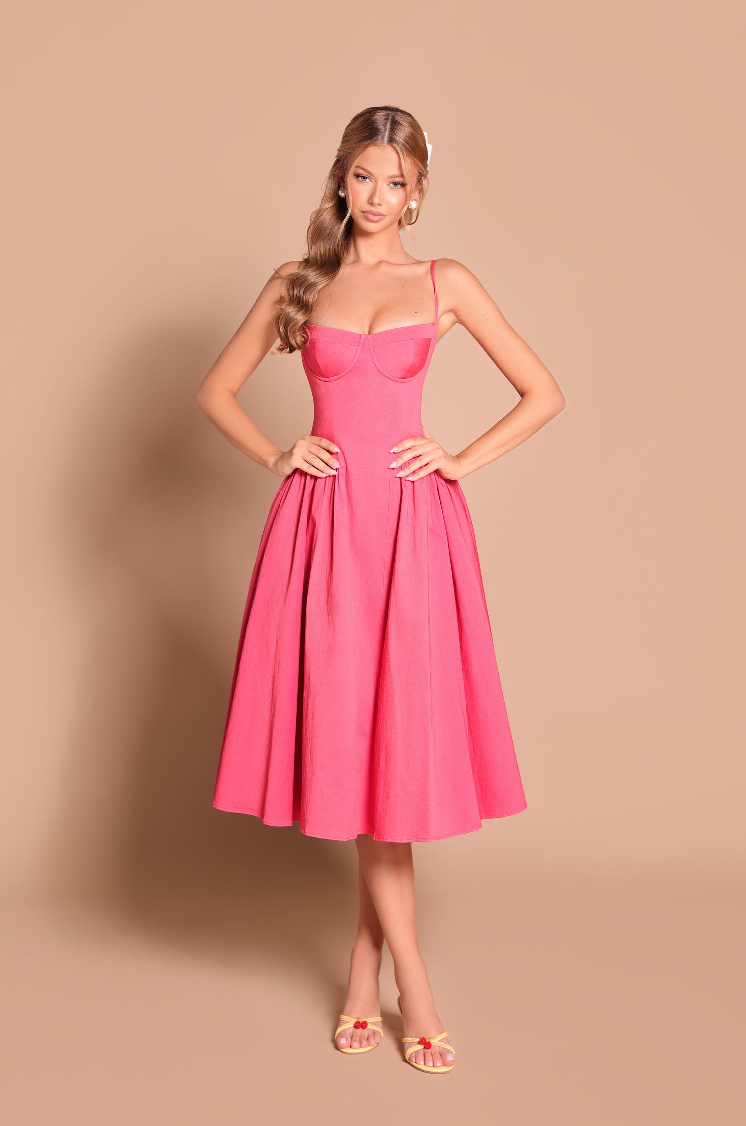 Winterberry red corset midi dress with spaghetti straps