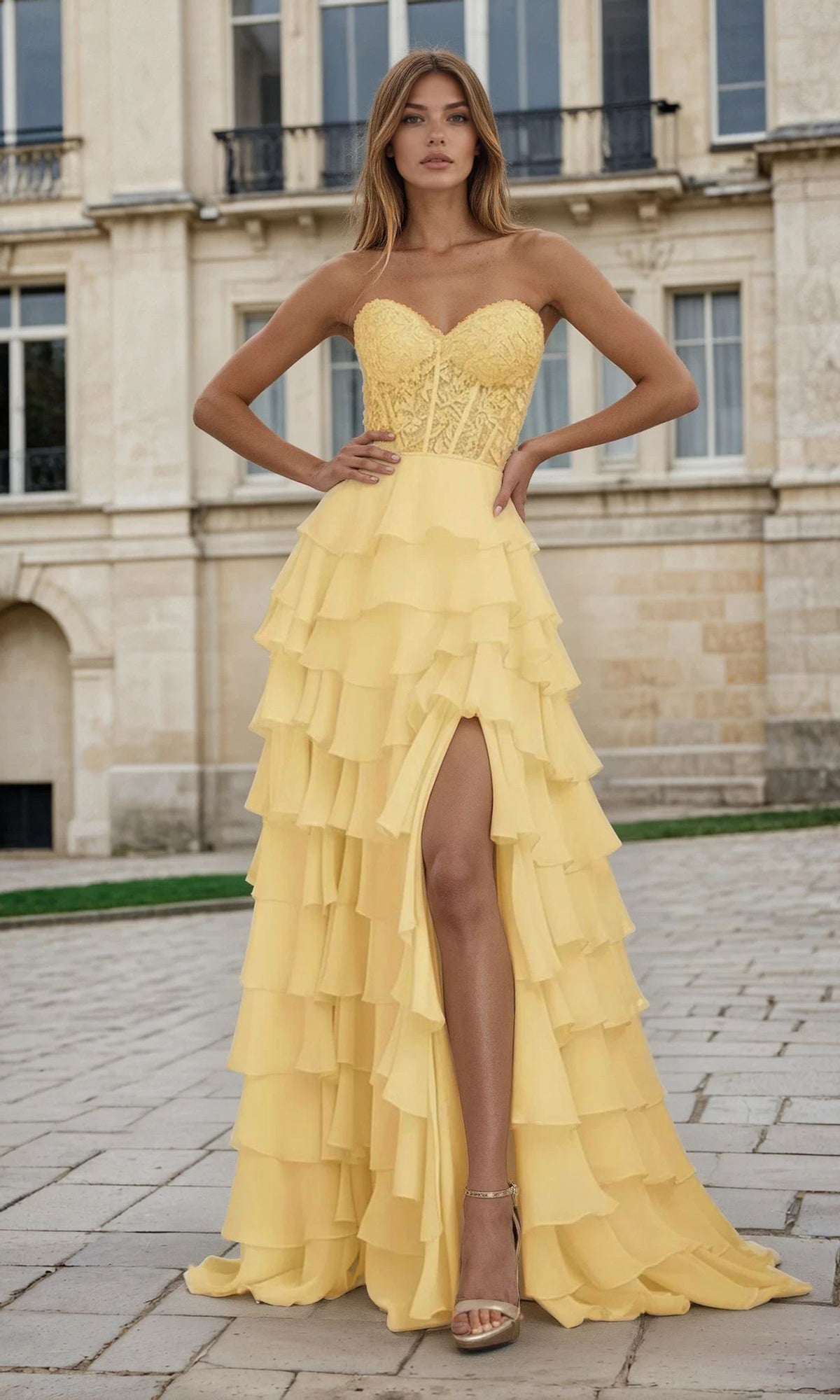Woman wearing a yellow evening gown with a tiered ruffle a-line skirt in front of a building