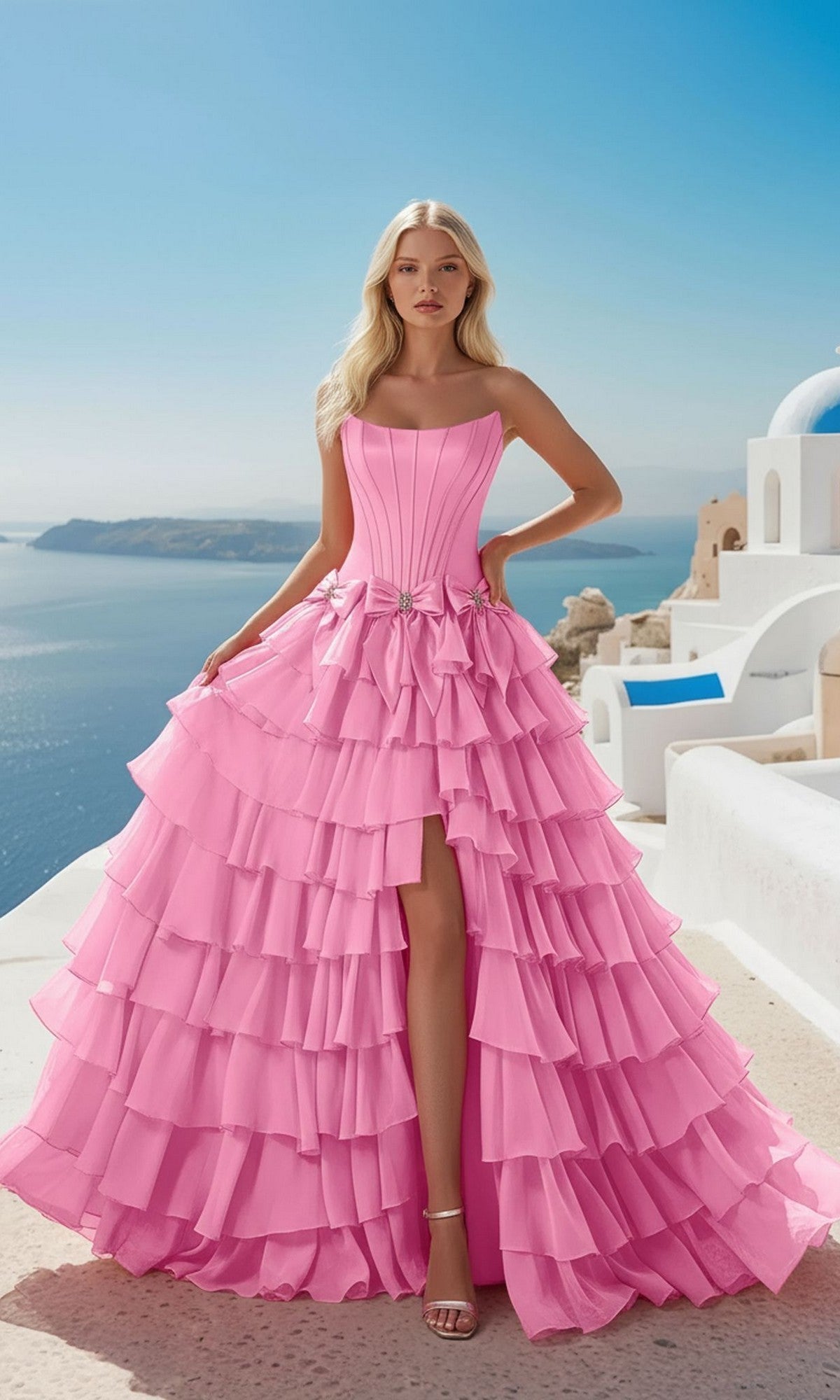 Woman in a pink strapless gown with ruffled layers standing on a scenic location.