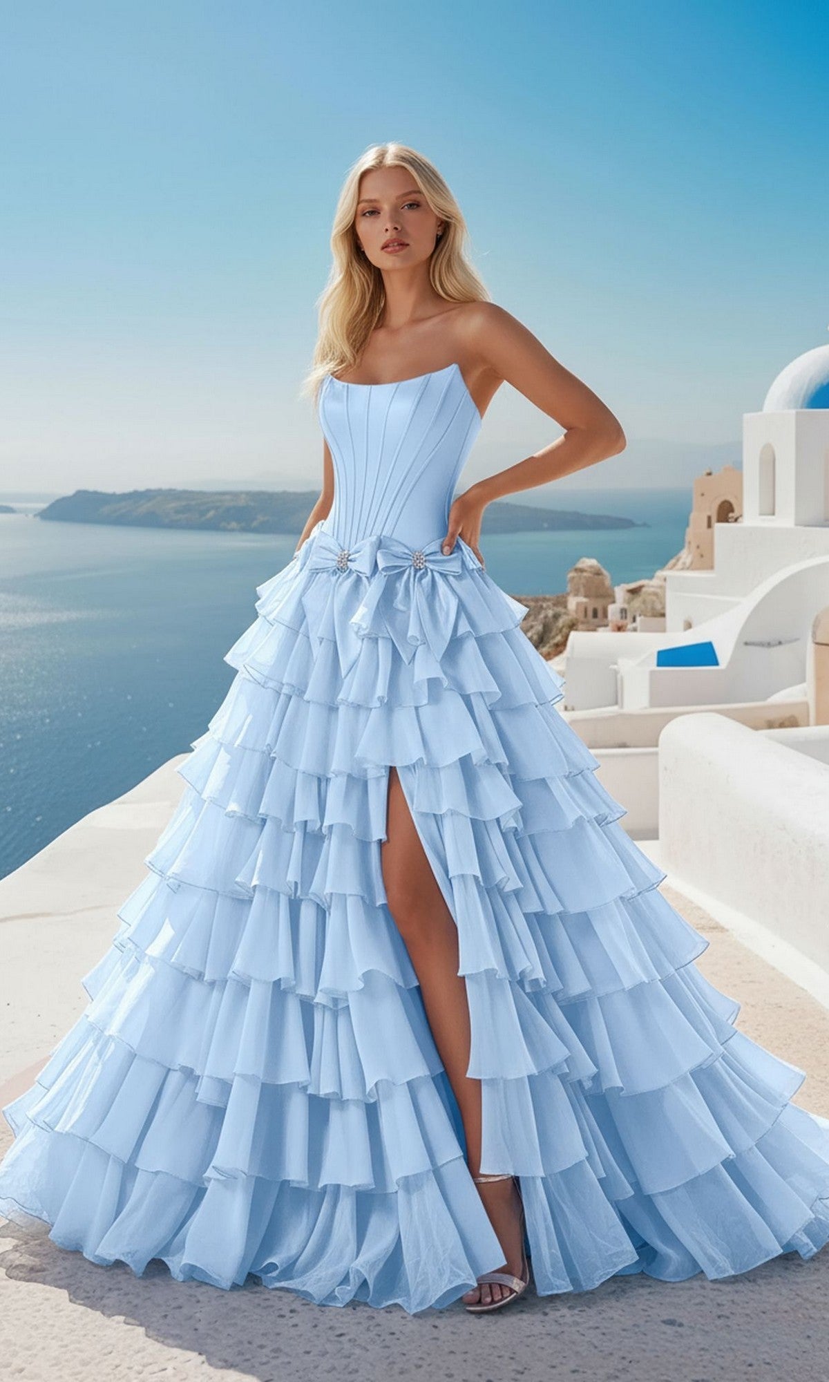 Woman in a light blue strapless gown with ruffled layers standing on a scenic location.
