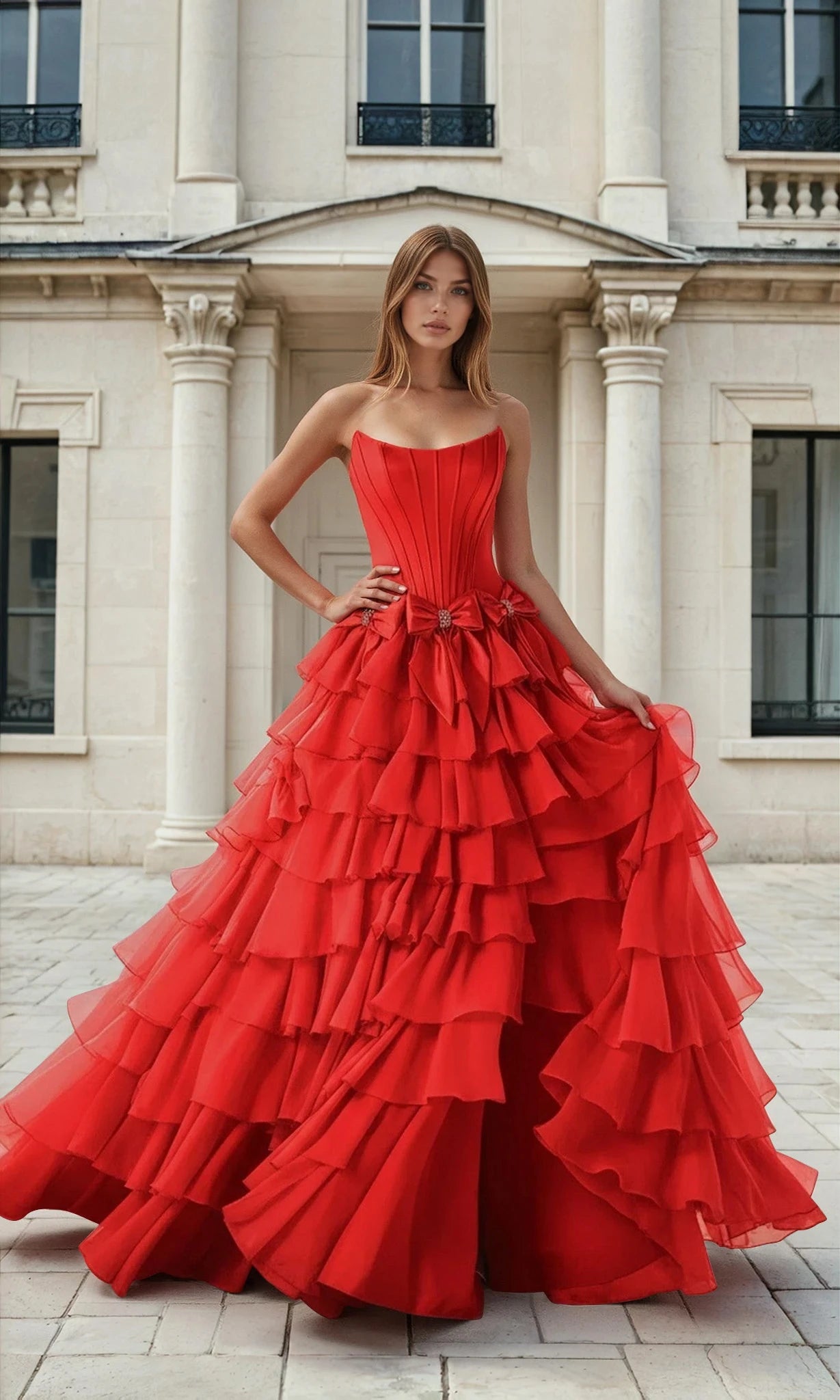 Woman in a red ruffled gown standing in front of a classical building.