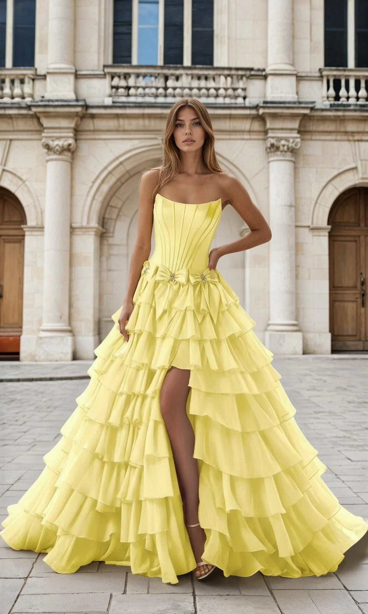 Woman in a yellow strapless gown with ruffled layers standing in front of a classical building.