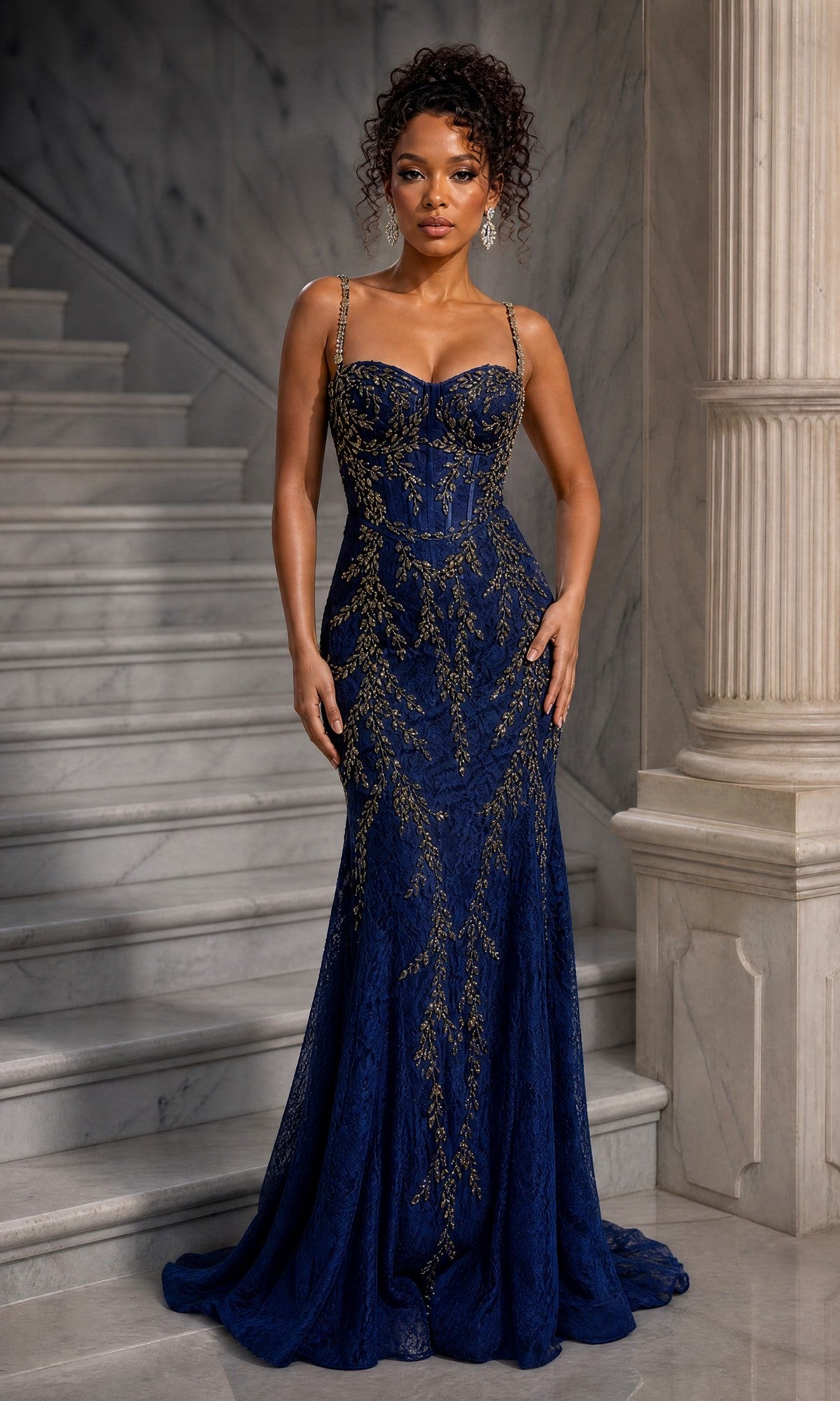 A woman poses elegantly on marble stairs in the Portia and Scarlett PS25150 long prom dress, featuring a navy/gold corset bodice with gold embroidery and spaghetti straps, set against a classical interior.