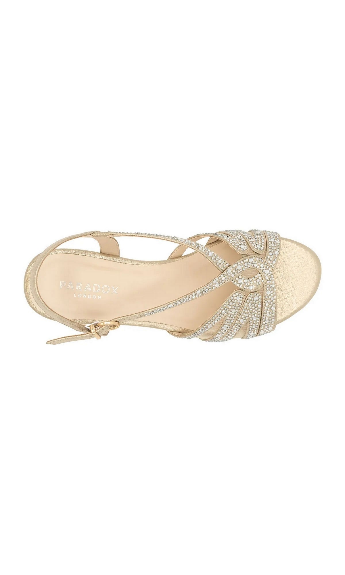 Quest Champagne Prom Shoes (Paradox London P2312) in metallic gold, featuring a low heel, crystal-embellished crossover straps, and an adjustable ankle strap.