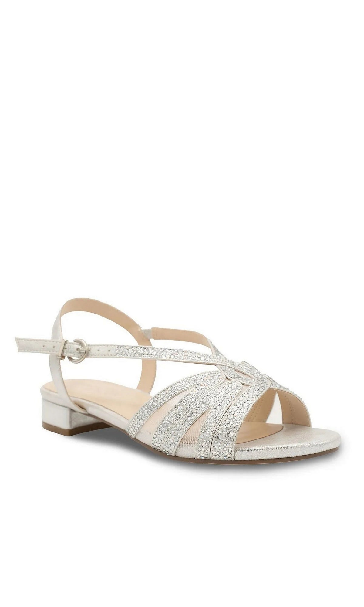 Quest Silver Prom Shoes: Paradox London P2311 silver block heel sandals with a rhinestone-embellished multi-strap upper and a buckled ankle strap.