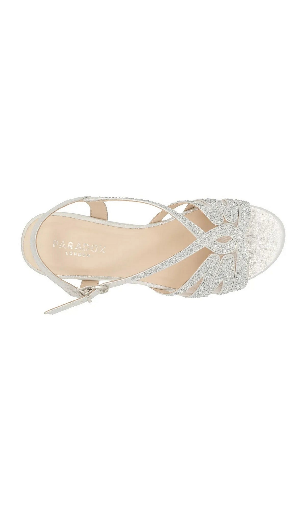 Quest Silver Prom Shoes: Paradox London P2311 silver block heel sandals featuring rhinestone-embellished crossover straps and an ankle strap.