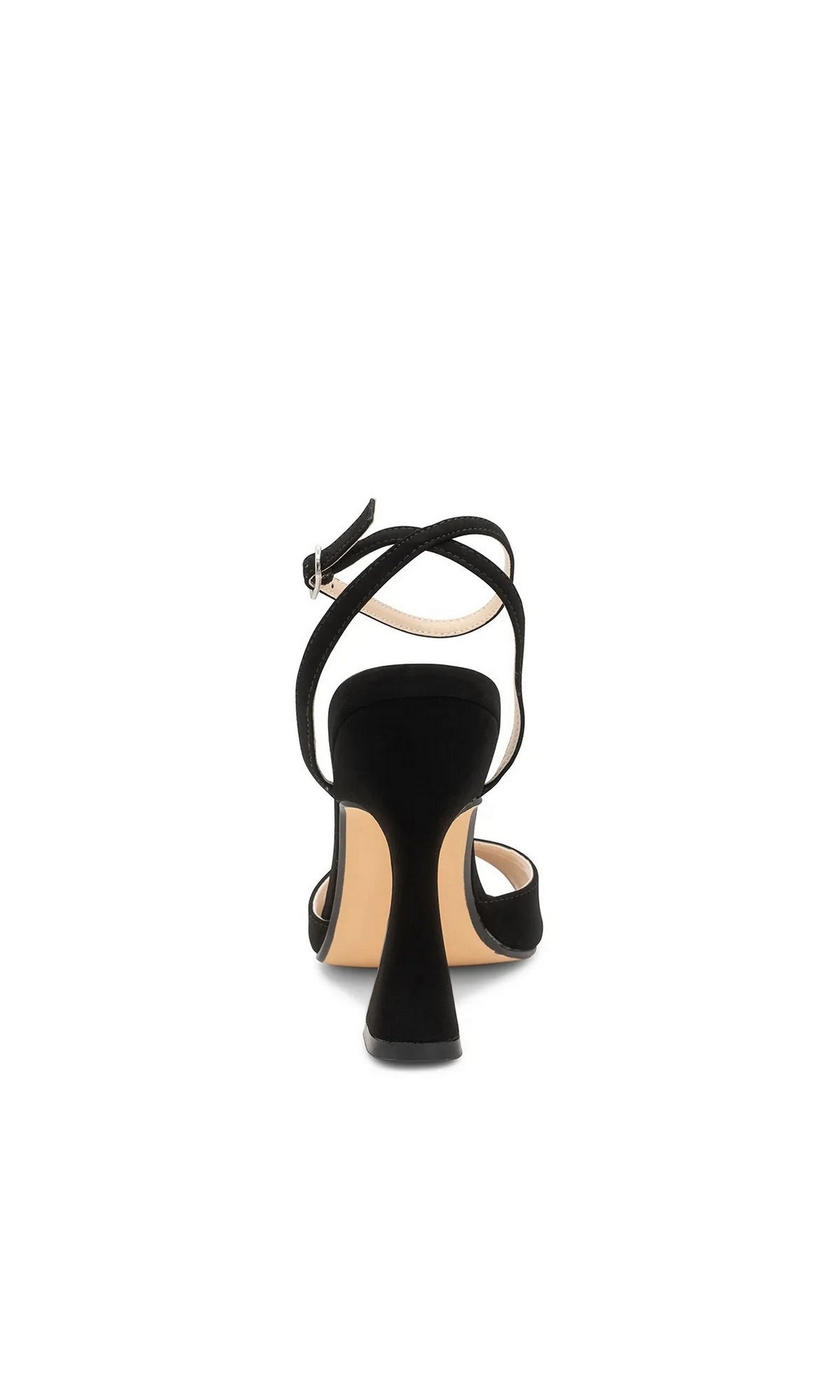 Back view of Quinn Black Prom Shoes: Touch Ups 4701, featuring a black high heel with an ankle strap.