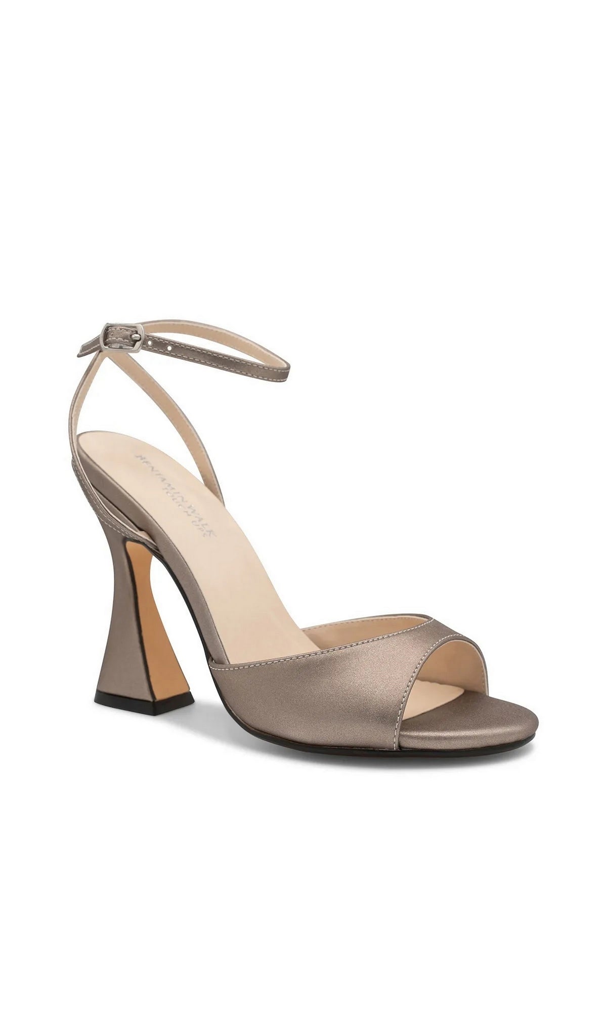 Quinn Champagne Prom Shoes: Touch Ups 4699, a champagne-colored open-toe heel with an ankle strap and a sculpted flared block heel.