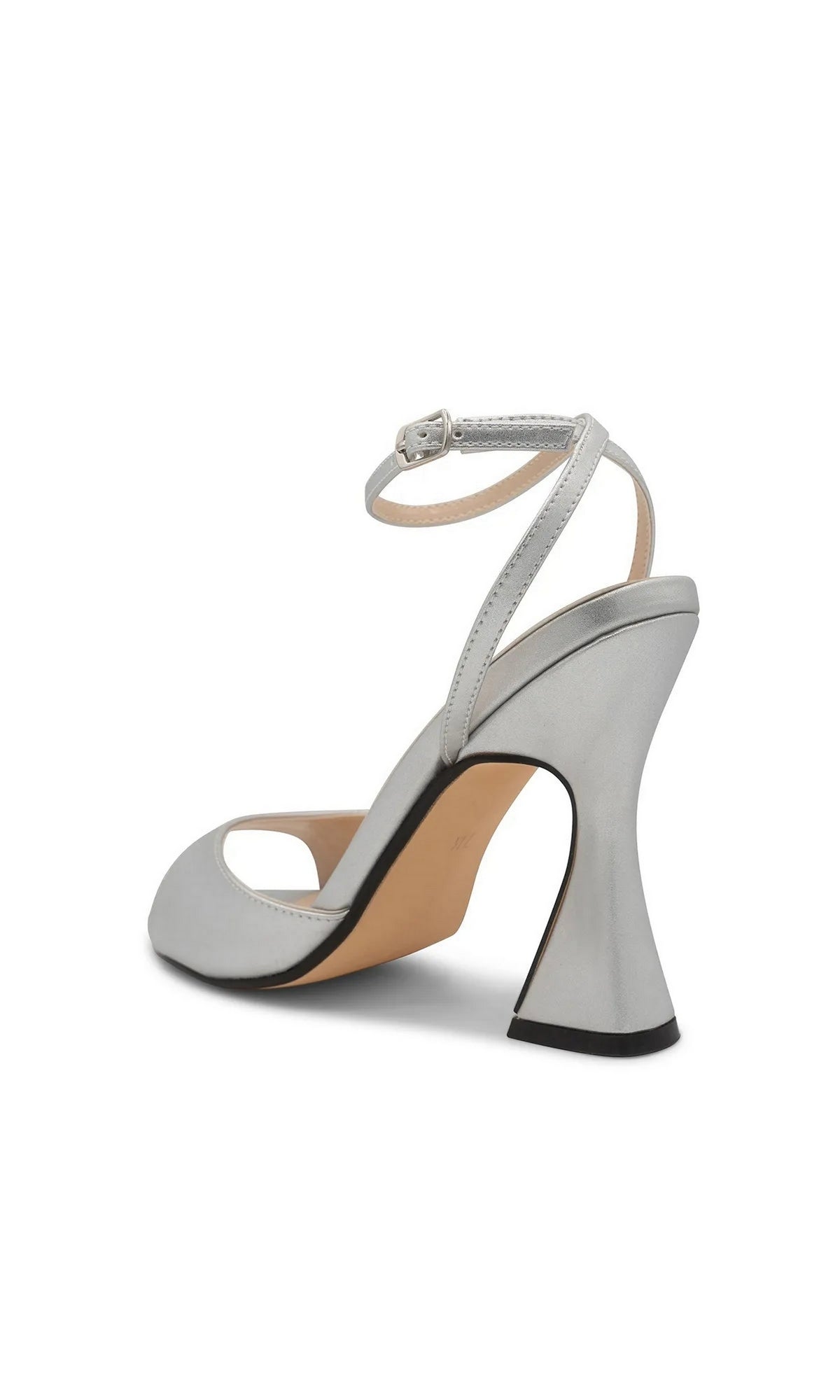 Quinn Silver Prom Shoes: Touch Ups 4700 metallic silver peep-toe high heel sandal with an ankle strap and flared heel.