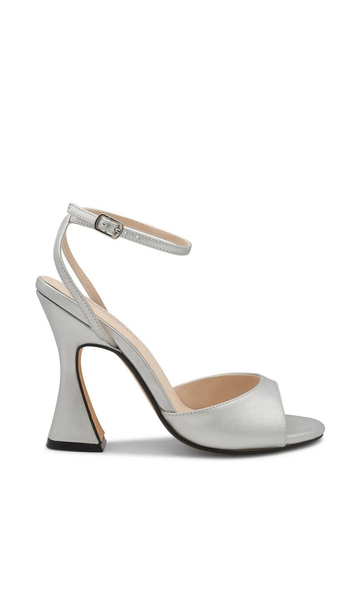 Quinn Silver Prom Shoes: Touch Ups 4700 metallic silver high-heeled sandal with an open toe and an ankle strap with a buckle.
