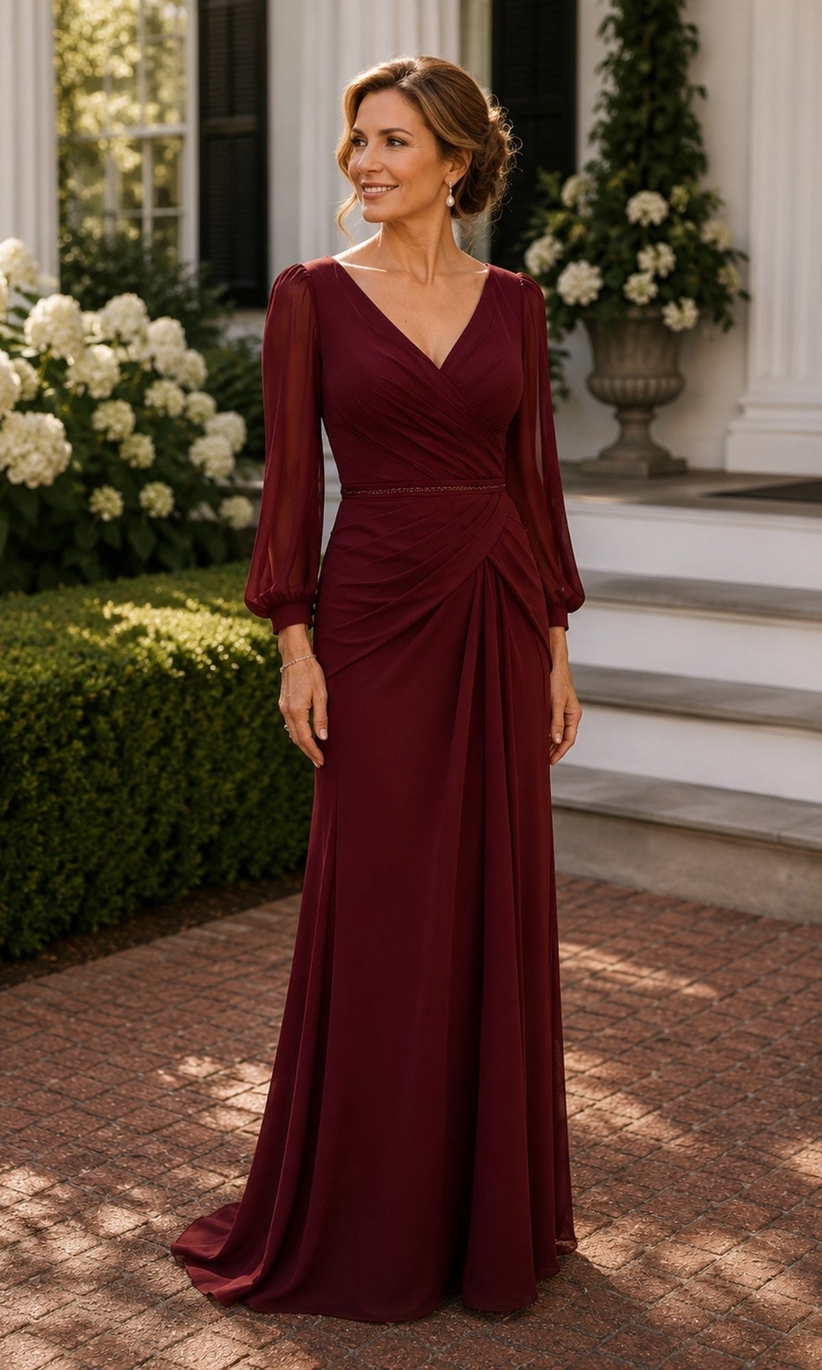 A woman wears a Sheer Sleeve Ruched Chiffon Formal Dress: Rina Di Montella R101, a floor-length crimson chiffon gown with a ruched bodice and sheer long sleeves.