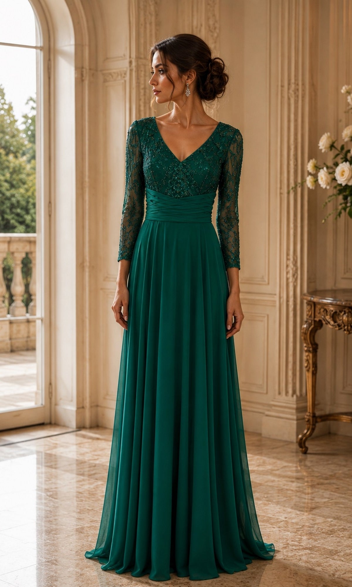 A woman in a Rina Di Montella R106 evergreen floor-length formal dress featuring a V-neckline and long lace sleeves.