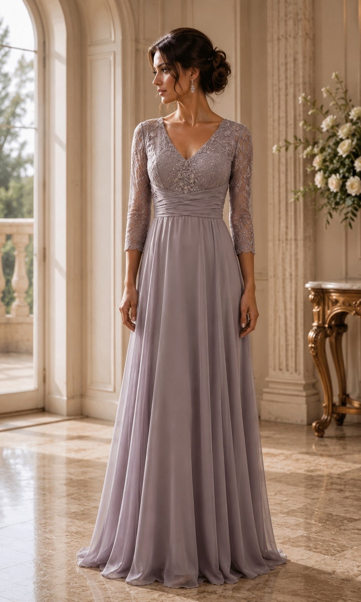 Mauve grey Lace Sleeve Cowl Back Long Formal Dress: Rina Di Montella R106 featuring a formal lace bodice, three-quarter length lace sleeves, and a flowing skirt.