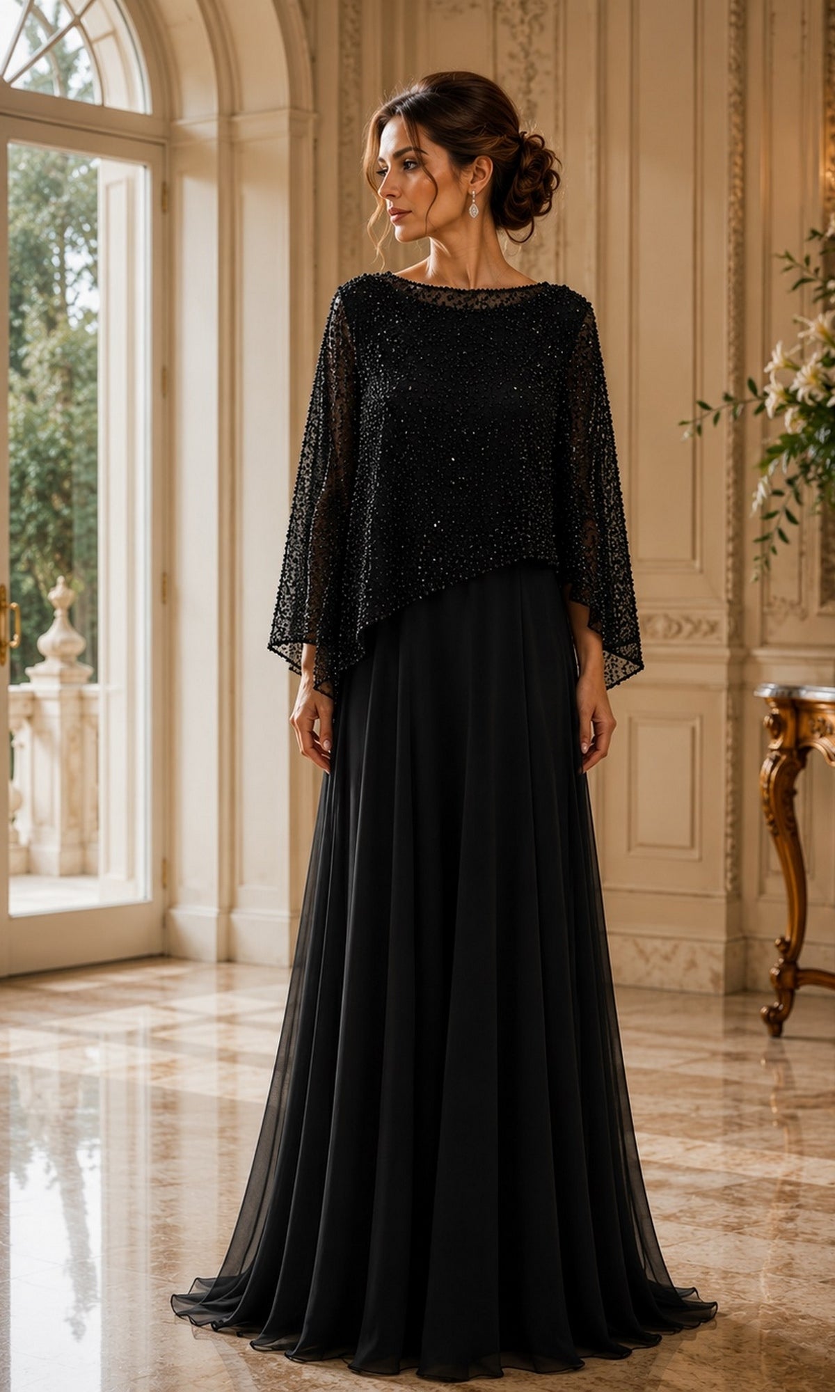 A woman wears a black Beaded Cape Long Formal Dress: Rina Di Montella R107, a floor-length evening gown featuring a beaded capelet overlay.