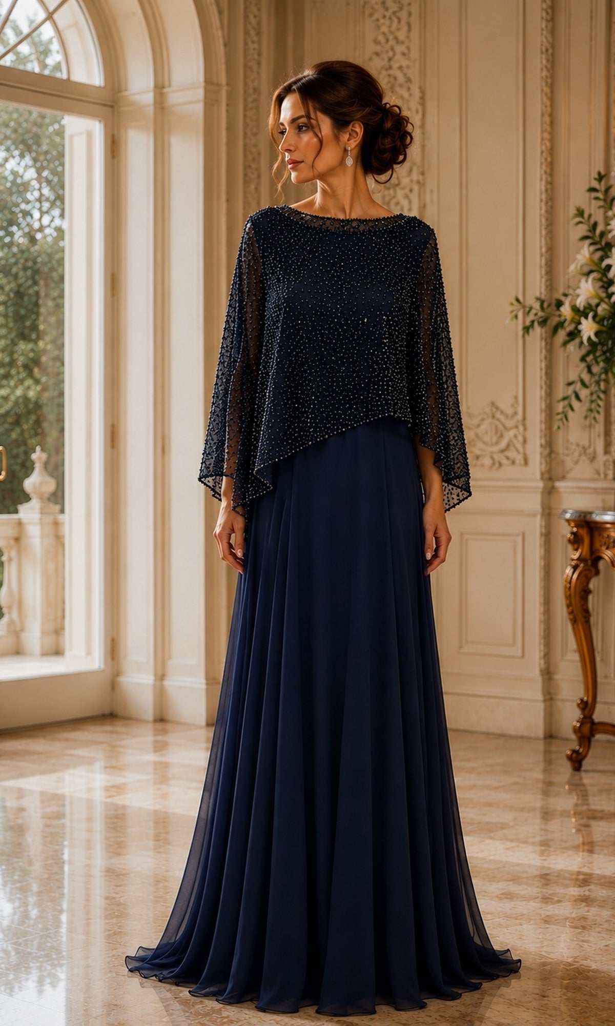 Navy Beaded Cape Long Formal Dress: Rina Di Montella R107, a floor-length mother of the bride dress featuring a beaded cape overlay.
