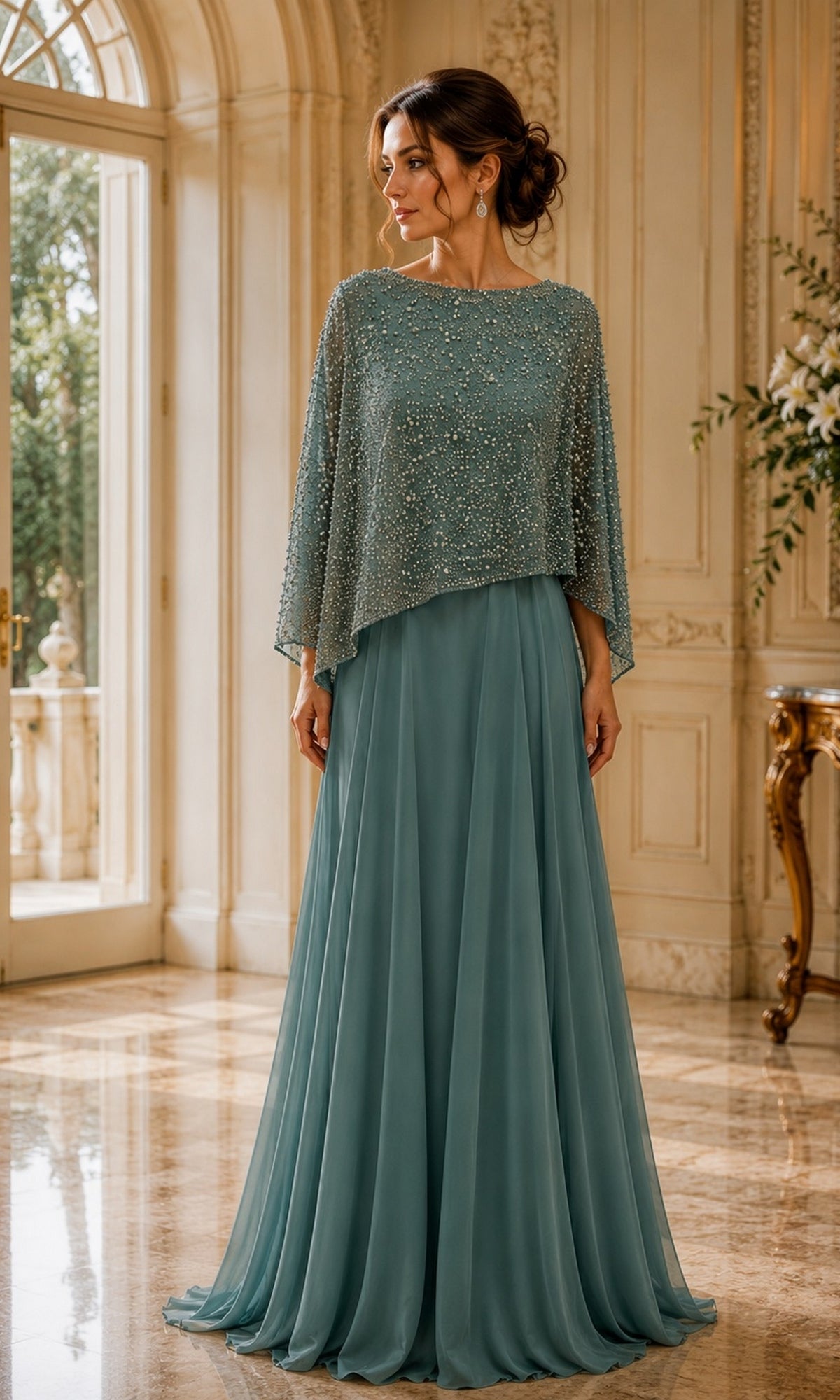 Seafoam green Beaded Cape Long Formal Dress: Rina Di Montella R107, a floor-length beaded evening gown with an elegant cape overlay.