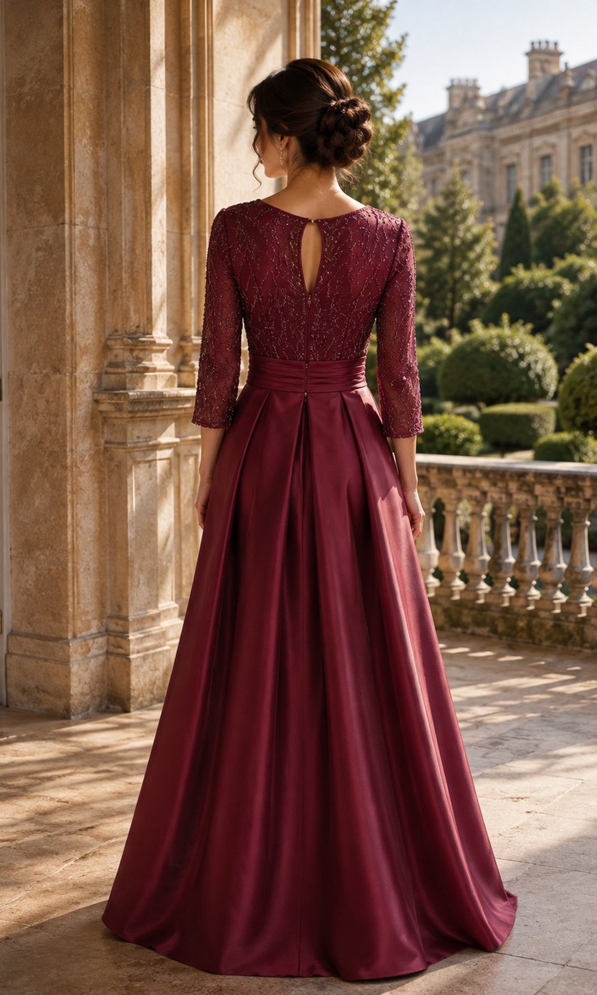 Back view of a floor-length burgundy Beaded Lace Sleeve A-Line Formal Dress: Rina Di Montella R108, featuring a beaded lace bodice, three-quarter sleeves, a keyhole back, and a pleated A-line skirt.