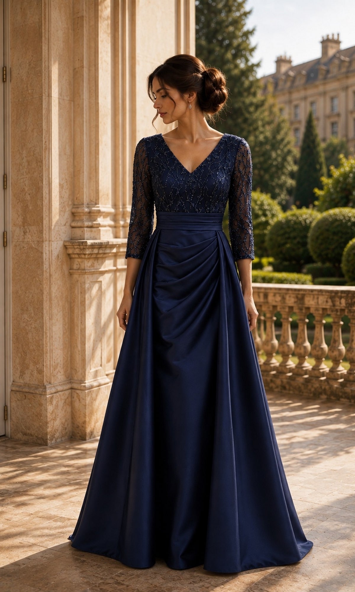 Woman wearing a Rina Di Montella R108 navy blue A-line formal dress with a beaded lace bodice, V-neckline, and three-quarter length sleeves.
