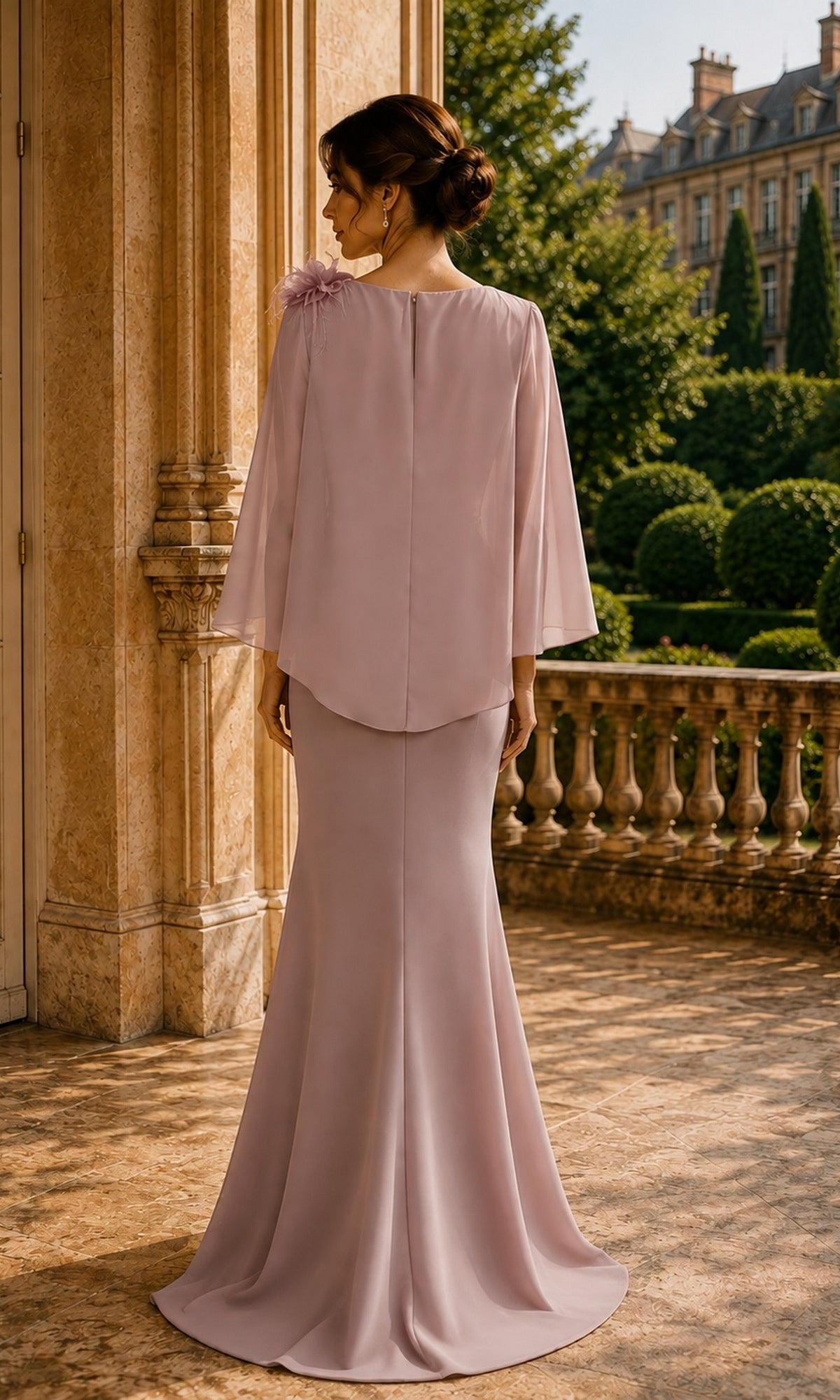 Back view of a mauve crepe Chiffon Cape Fit and Flare Formal Dress: Rina Di Montella R109, featuring a floor-length silhouette, a cape overlay, and a floral accent on the shoulder.
